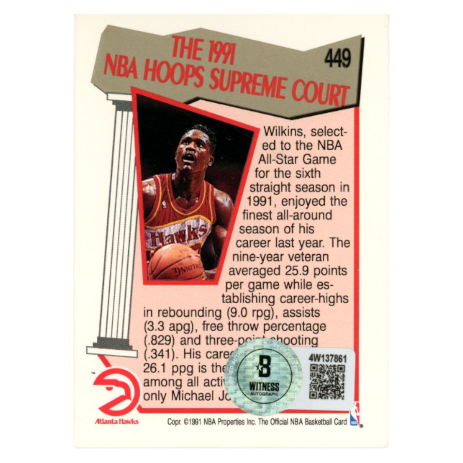 Dominique Wilkins Autographed 1991 NBA Hoops #449 Trading Card Beckett 54240 2 Dominique Wilkins Autographed 1991 NBA Hoops #449 Trading Card Beckett 54240