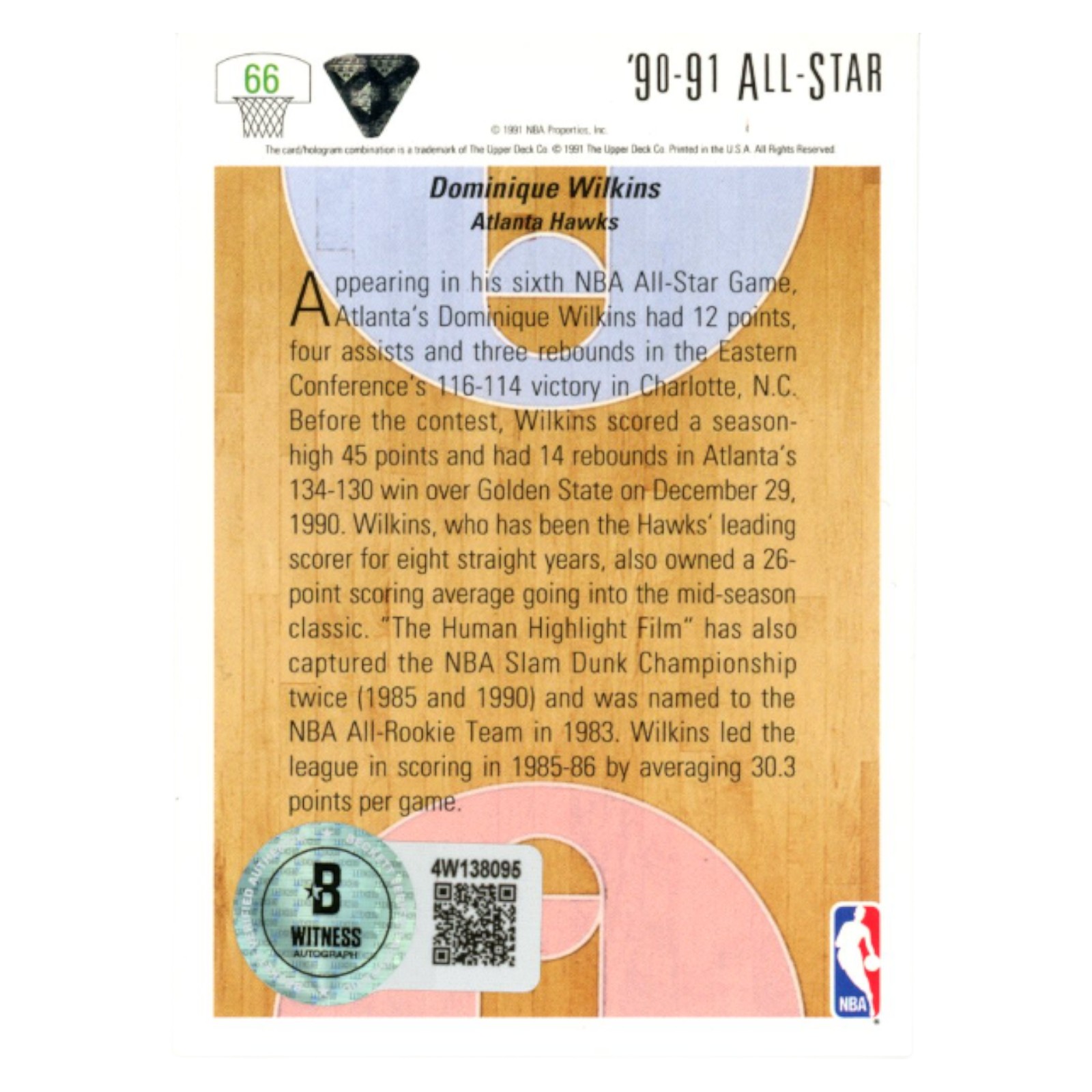 Dominique Wilkins Autographed 1991 Upper Deck #66 Trading Card Beckett 54167