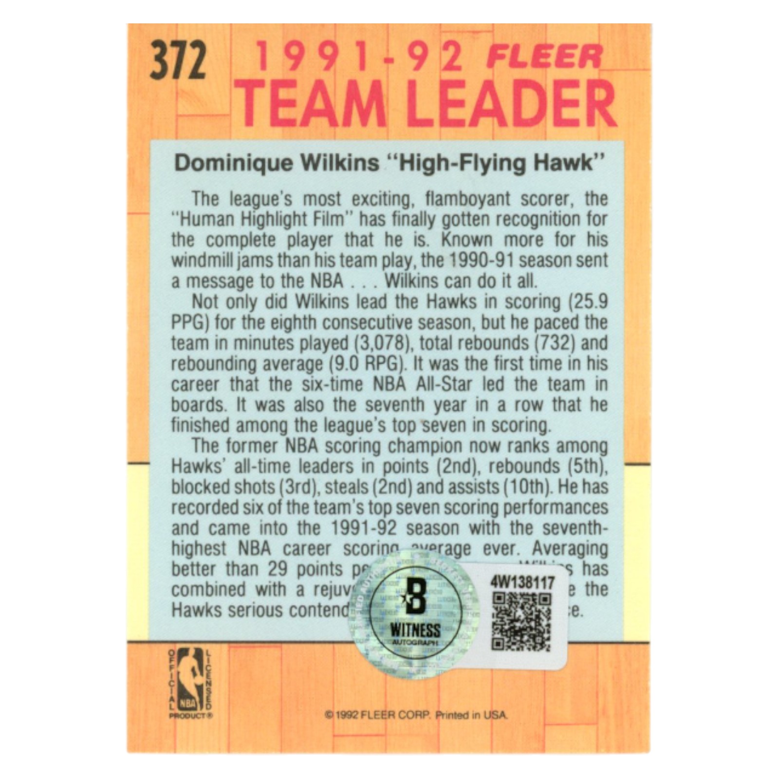 Dominique Wilkins Autographed 1992 Fleer #372 Trading Card Beckett 54195
