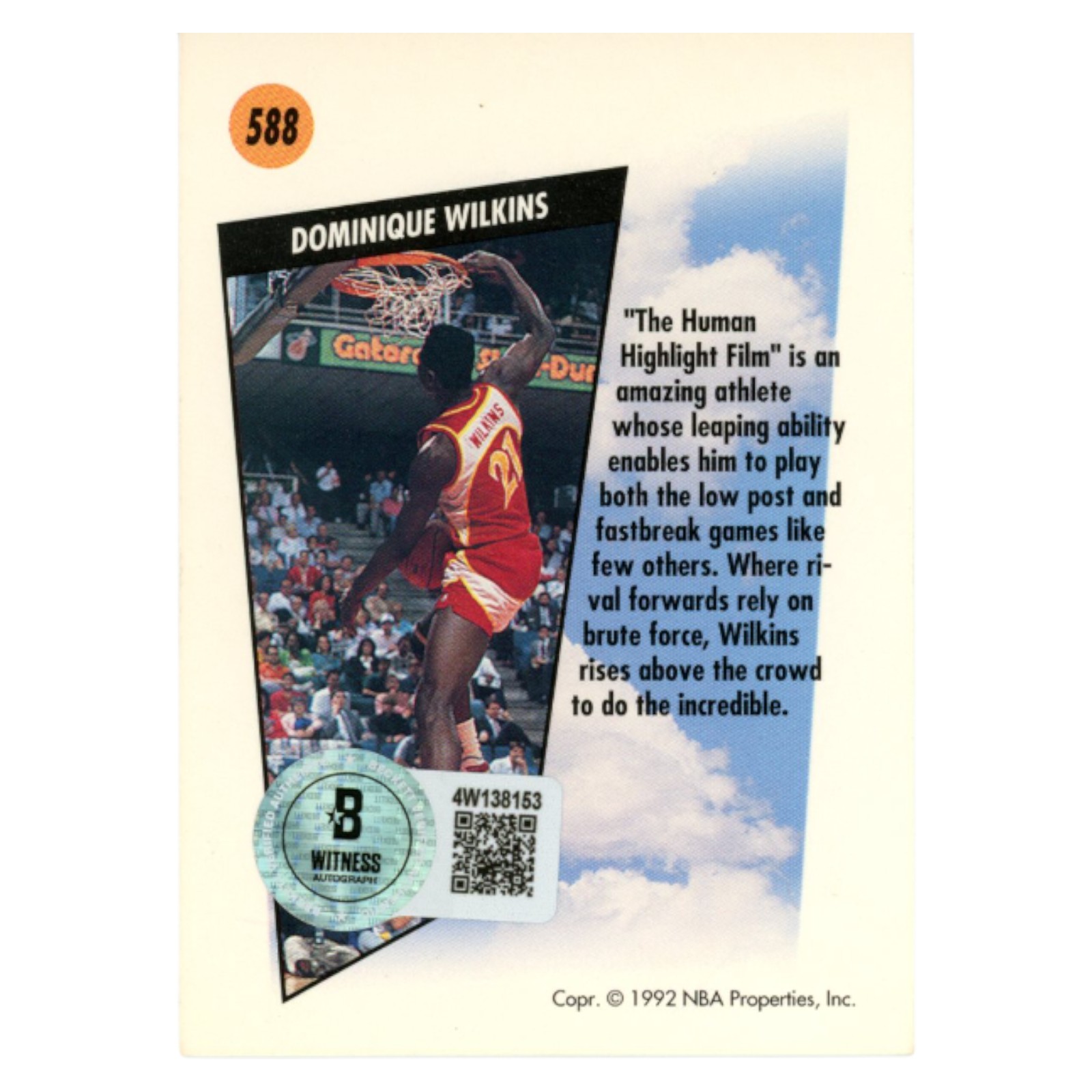 Dominique Wilkins Autographed 1992 SkyBox #588 Trading Card Beckett 54142