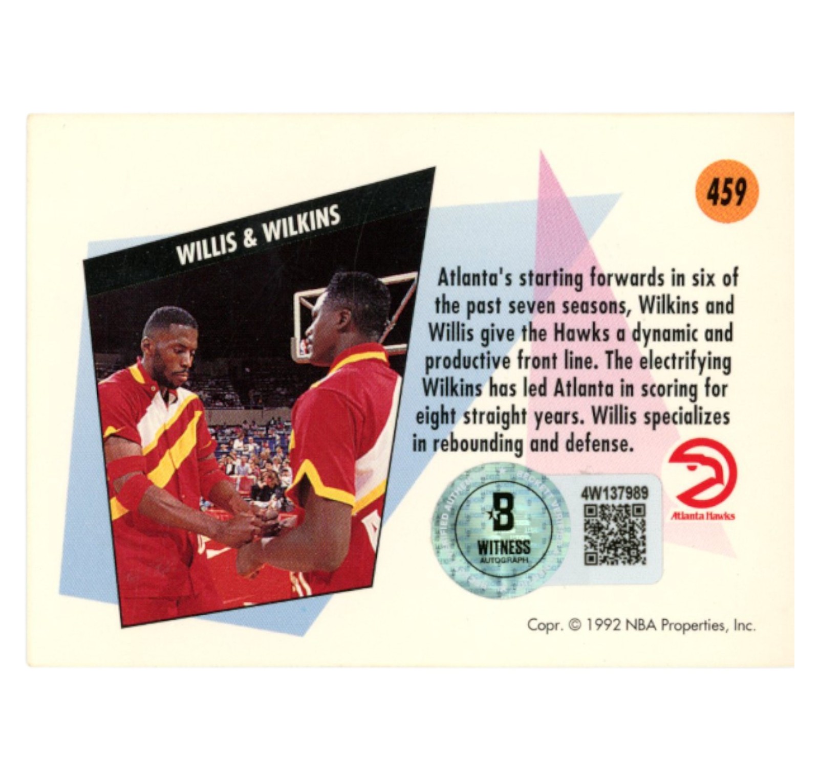 Dominique Wilkins Autographed 1992 SkyBox #459 Trading Card Beckett 54143