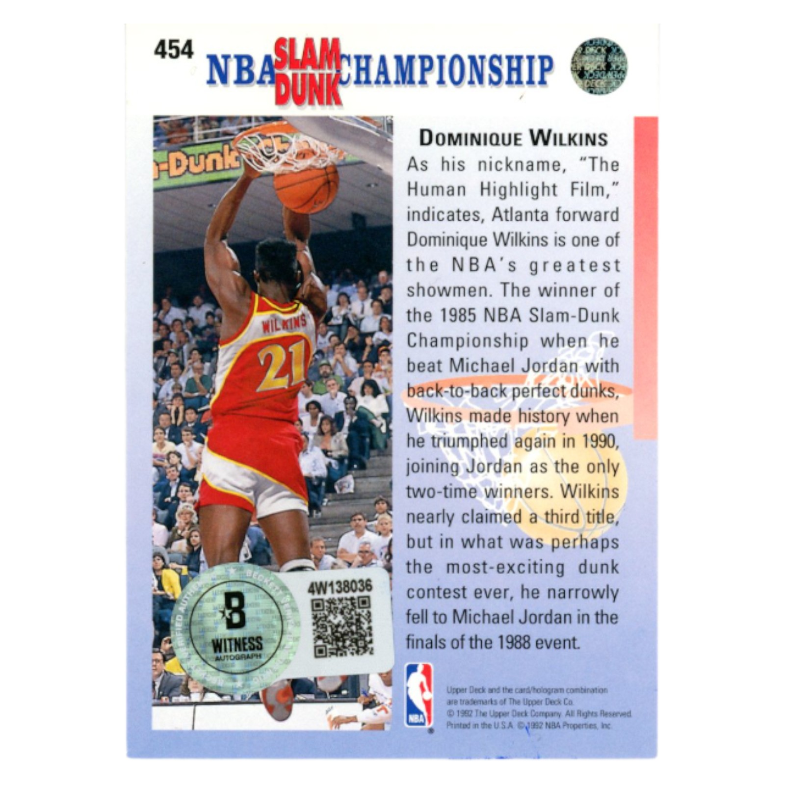 Dominique Wilkins Autographed 1992 Upper Deck #454 Trading Card Beckett 54166