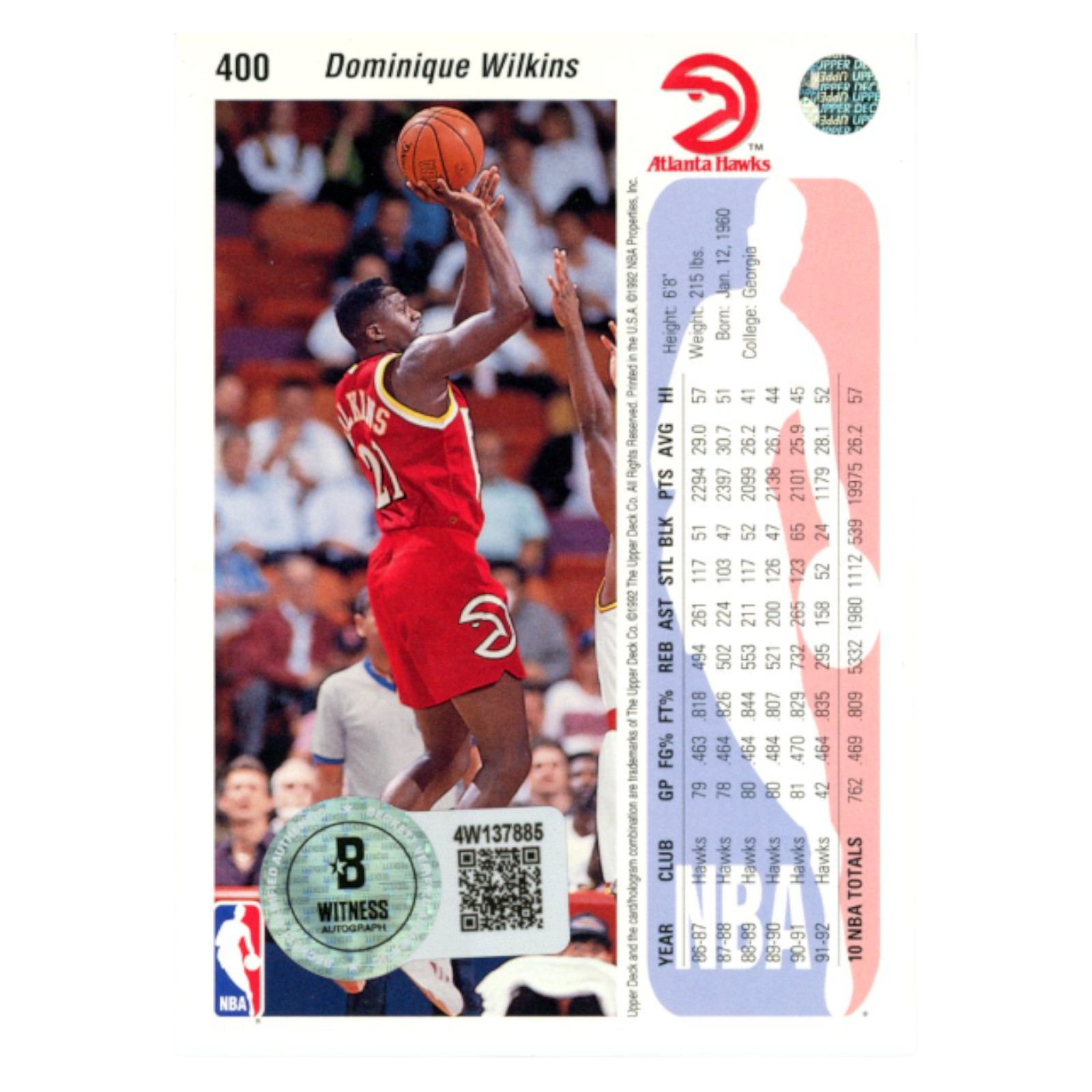 Dominique Wilkins Autographed 92 Upper Deck 400 SMEAR Trading Card Beckett 54169