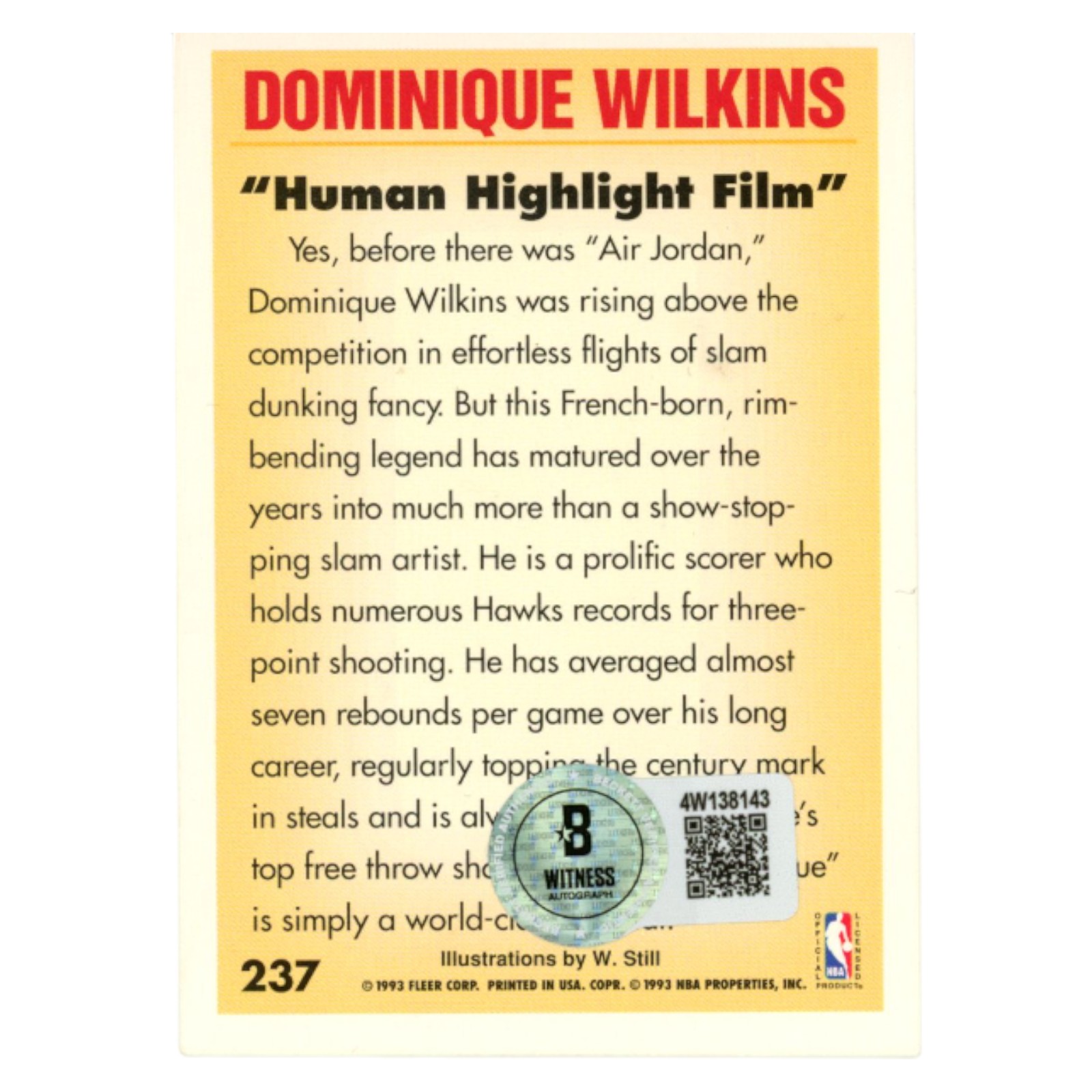 Dominique Wilkins Autographed 1993 Fleer #237 Trading Card Beckett 54200