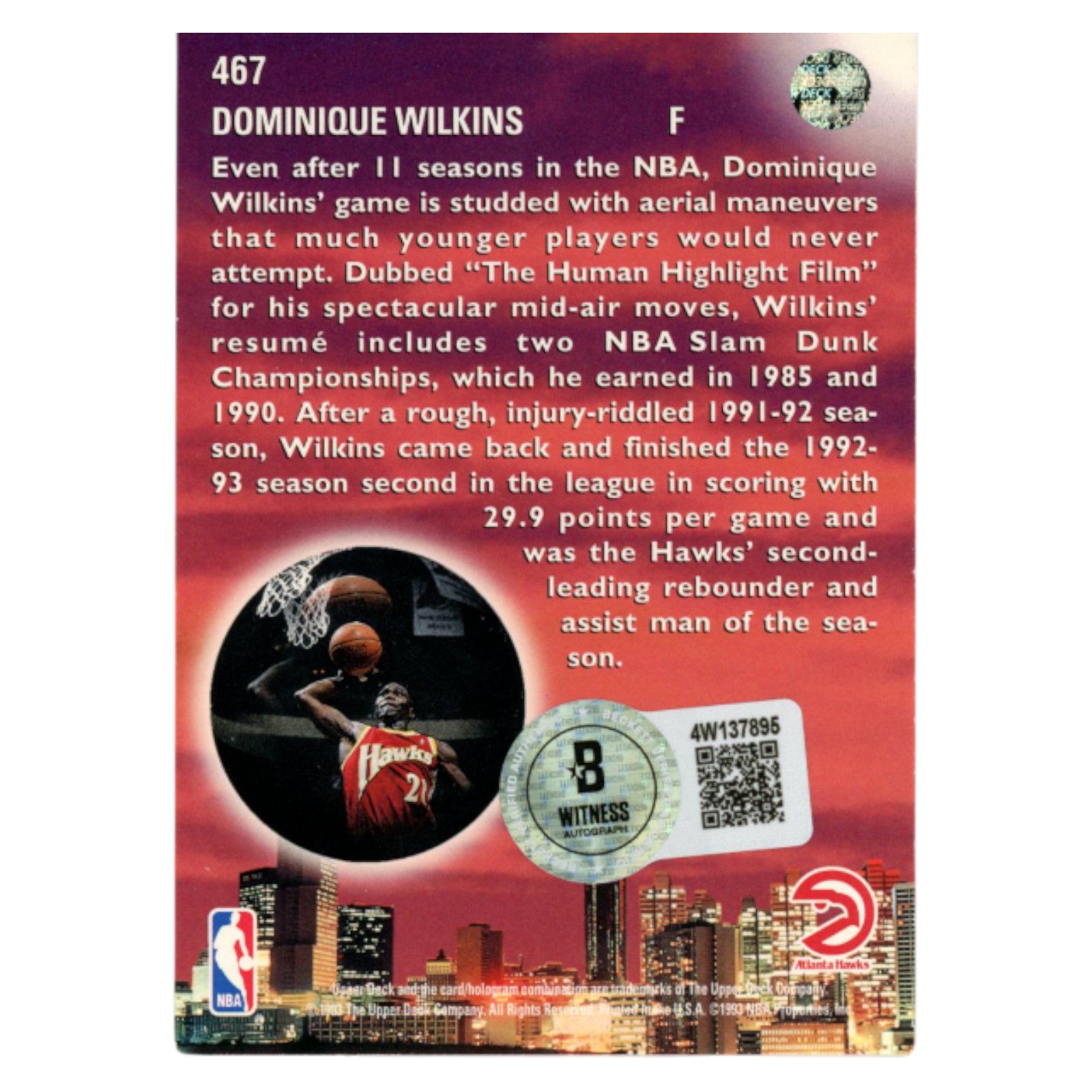 Dominique Wilkins Autographed 1993 Upper Deck #467 Trading Card Beckett 54174