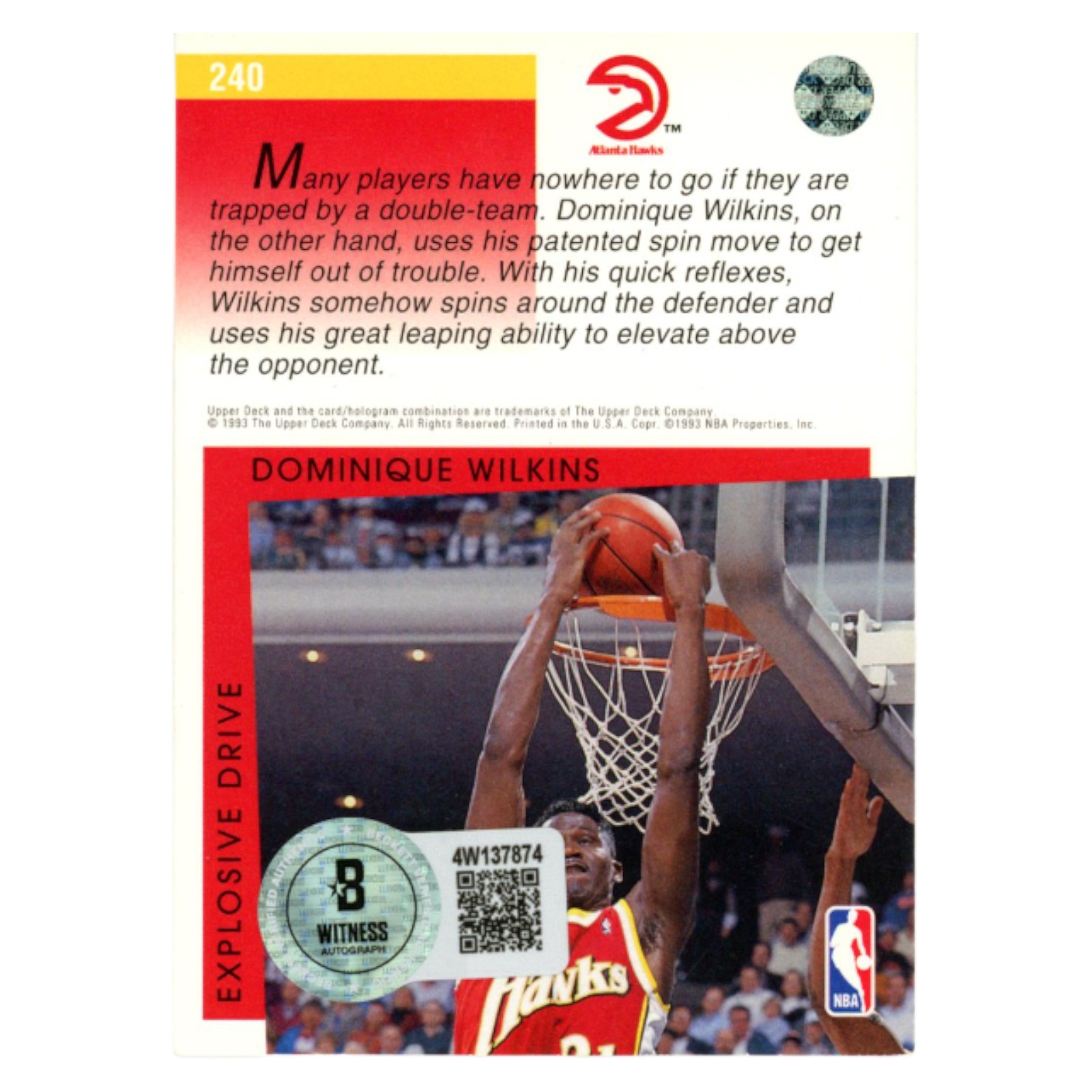 Dominique Wilkins Autographed 1993 Upper Deck #240 Trading Card Beckett 54176
