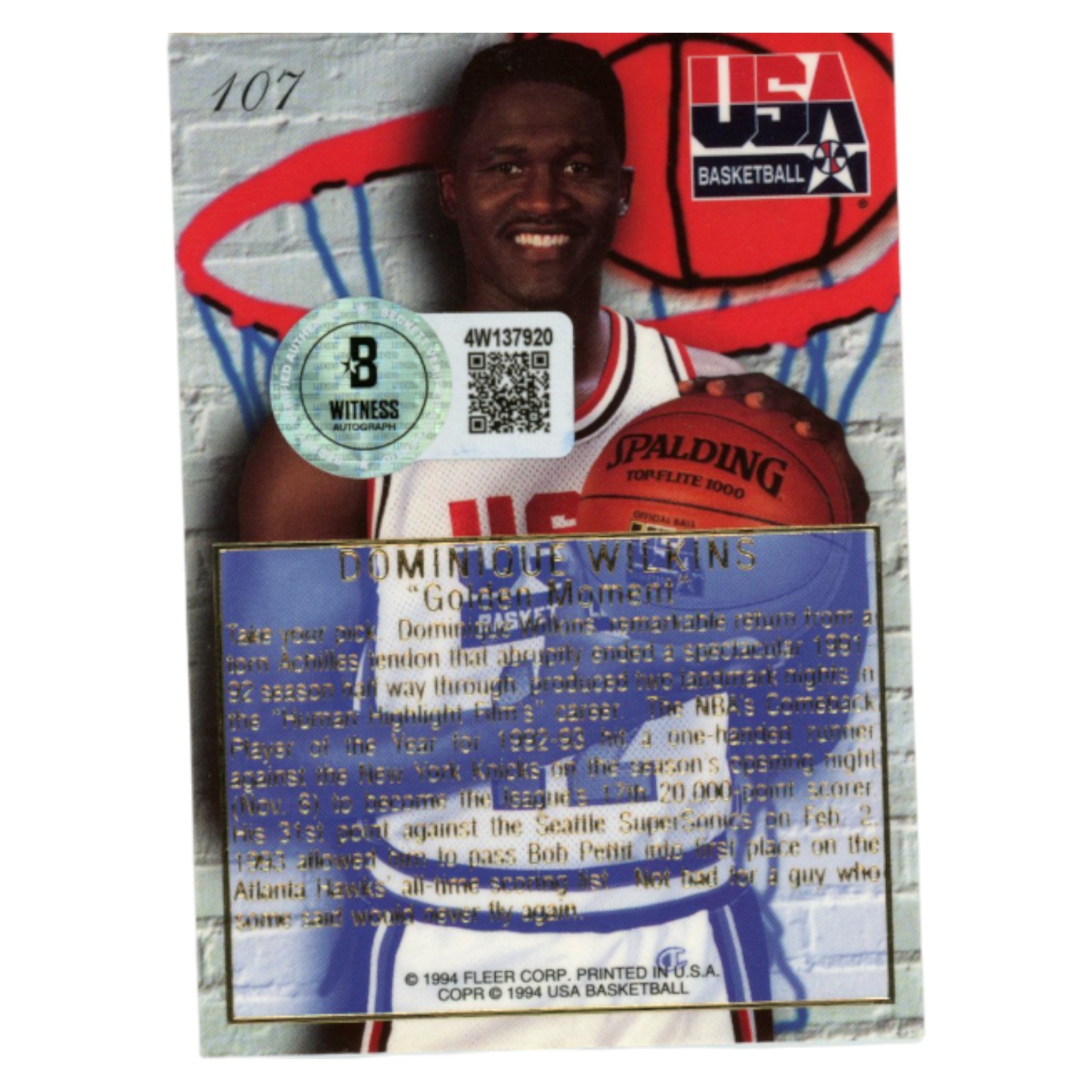 Dominique Wilkins Autographed 1994 Flair #107 Trading Card Beckett 54107 2 Dominique Wilkins Autographed 1994 Flair #107 Trading Card Beckett 54107