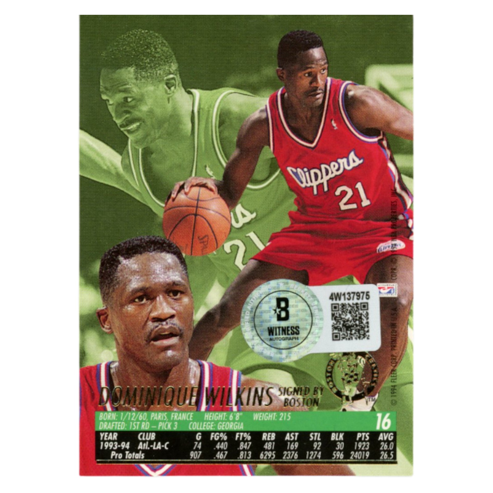 Dominique Wilkins Autographed 1994 Fleer Ultra  #16 Trading Card Beckett 54194