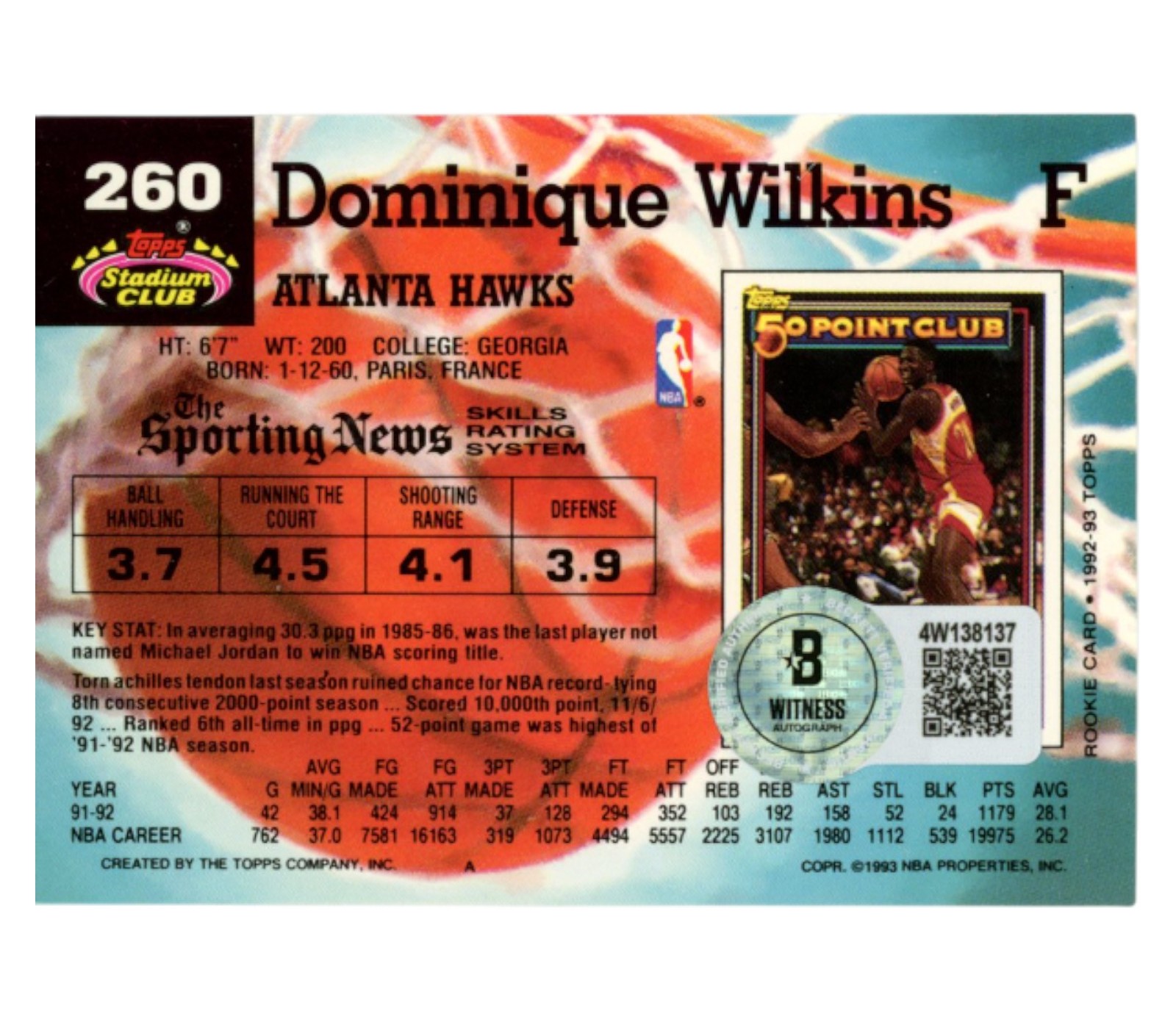 Dominique Wilkins Signed 1994 Stadium Club #260 SMEAR Trading Card Beckett 54221 2 Dominique Wilkins Signed 1994 Stadium Club #260 SMEAR Trading Card Beckett 54221