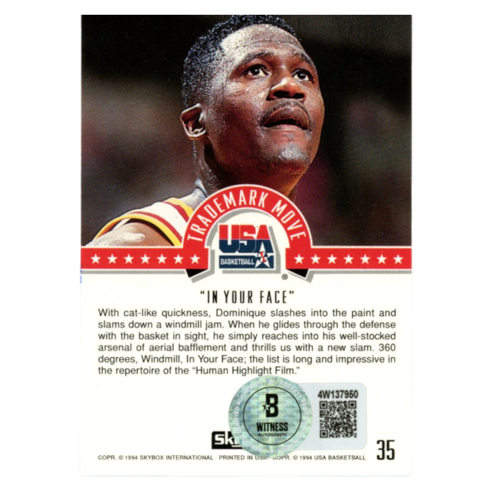 Dominique Wilkins Autographed 1994 Skybox #35  Trading Card Beckett 54137