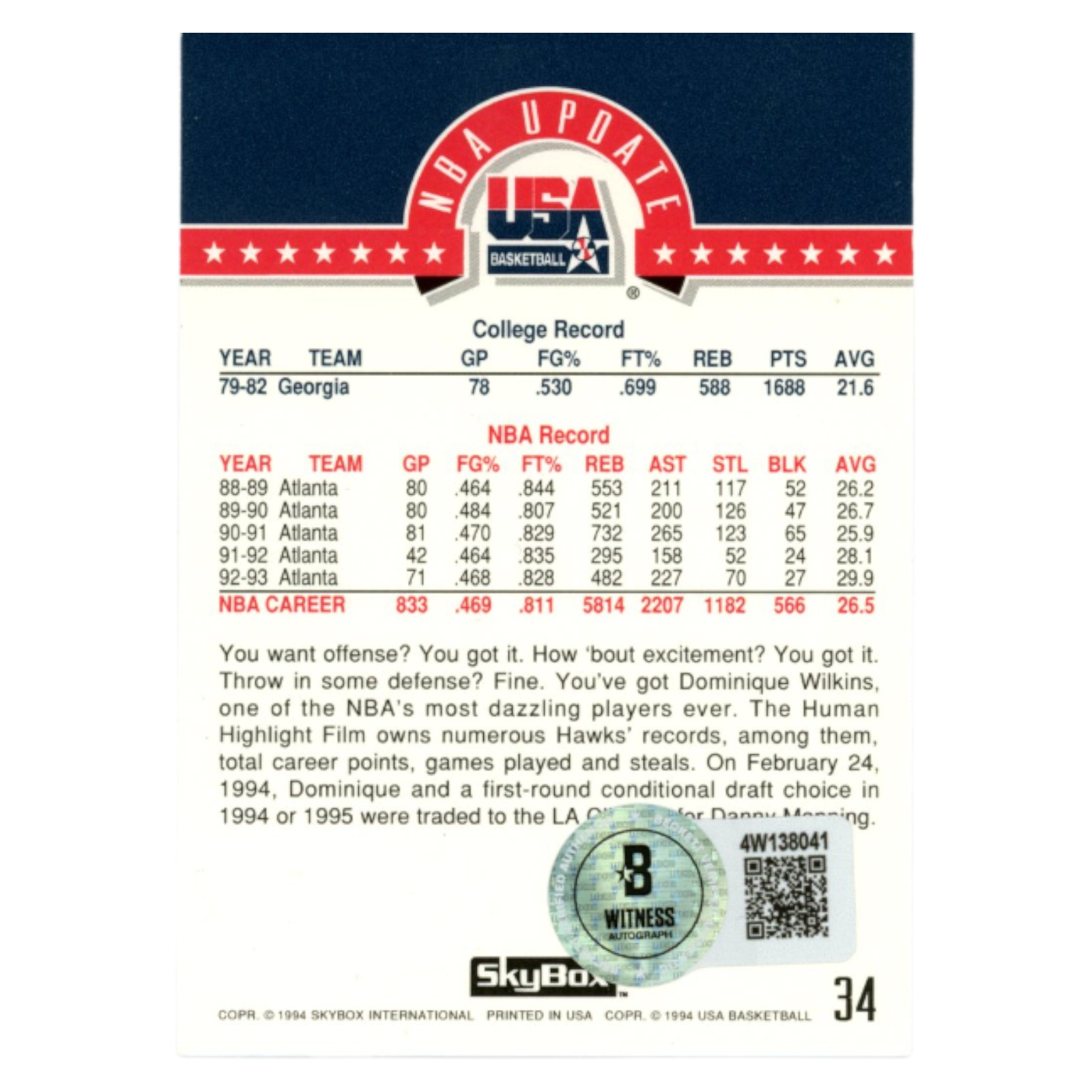 Dominique Wilkins Autographed 1994 SkyBox #34 Trading Card Beckett 54133