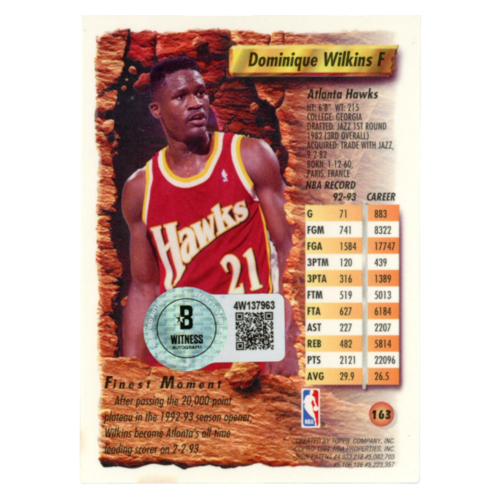 Dominique Wilkins Autographed 1994 Topps Finest #163 Trading Card Beckett 54154