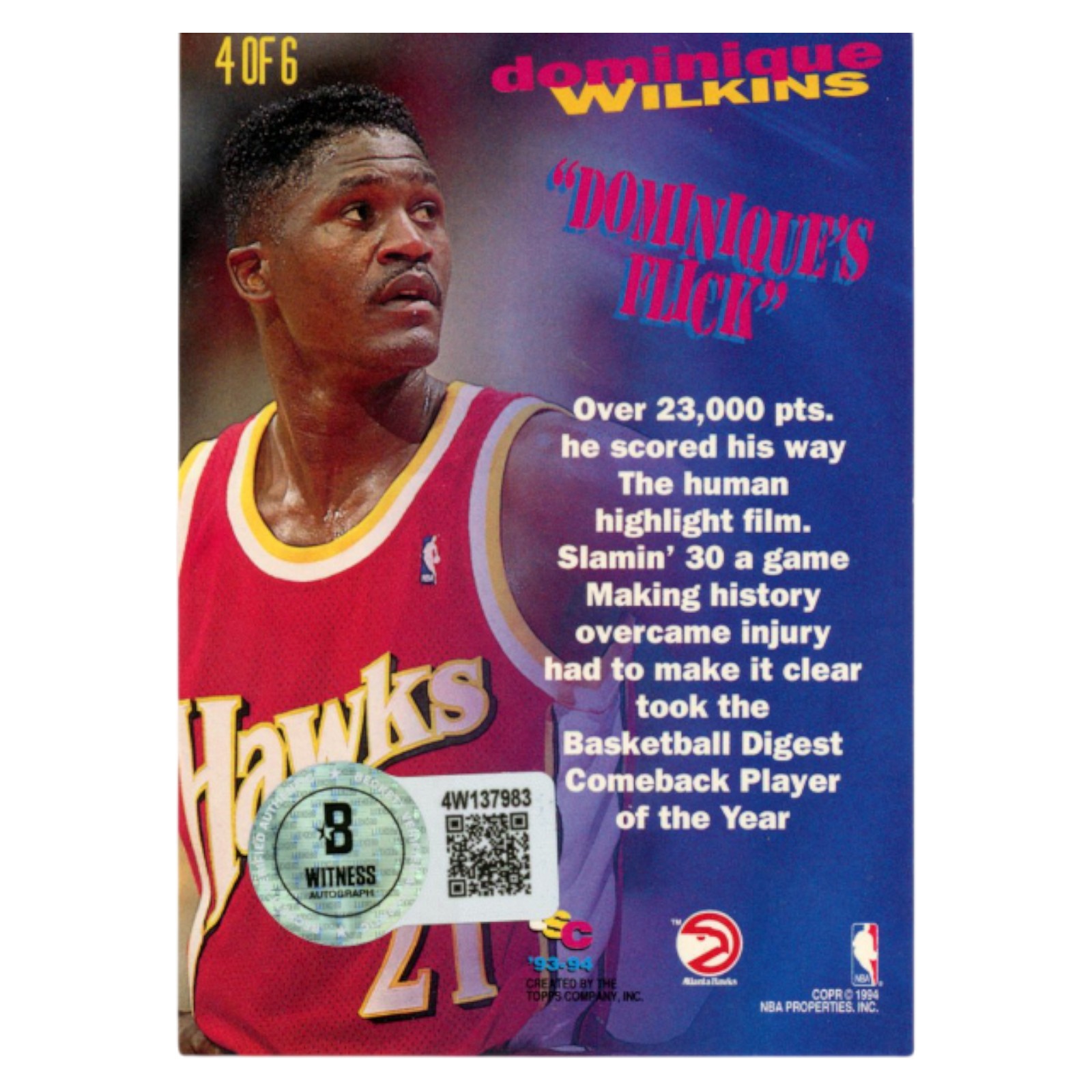 Dominique Wilkins Signed 1994 Topps Stadium Club 4/6 Trading Card Beckett 54228 2 Dominique Wilkins Signed 1994 Topps Stadium Club 4/6 Trading Card Beckett 54228