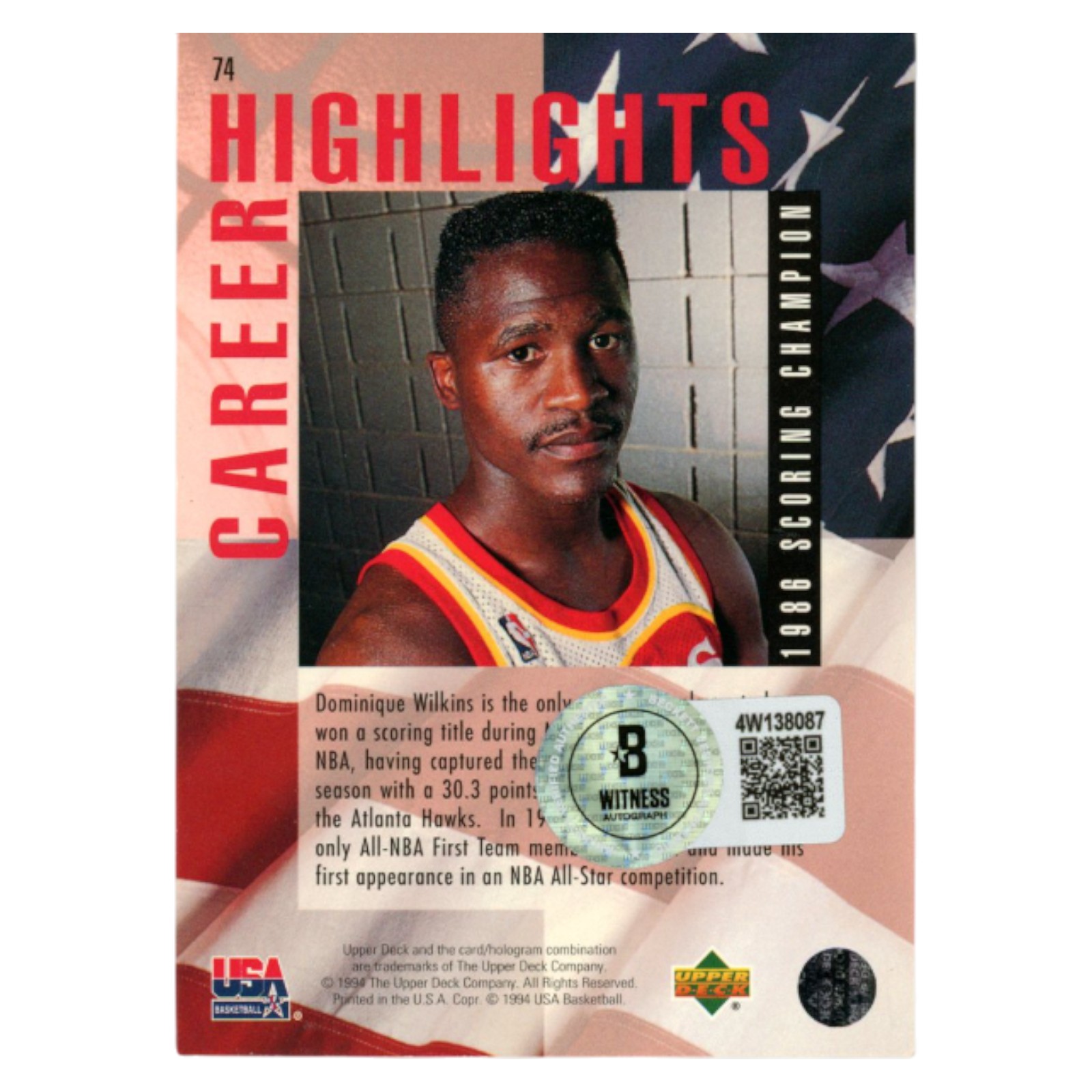 Dominique Wilkins Autographed 1994 Upper Deck #74 Trading Card Beckett 54189
