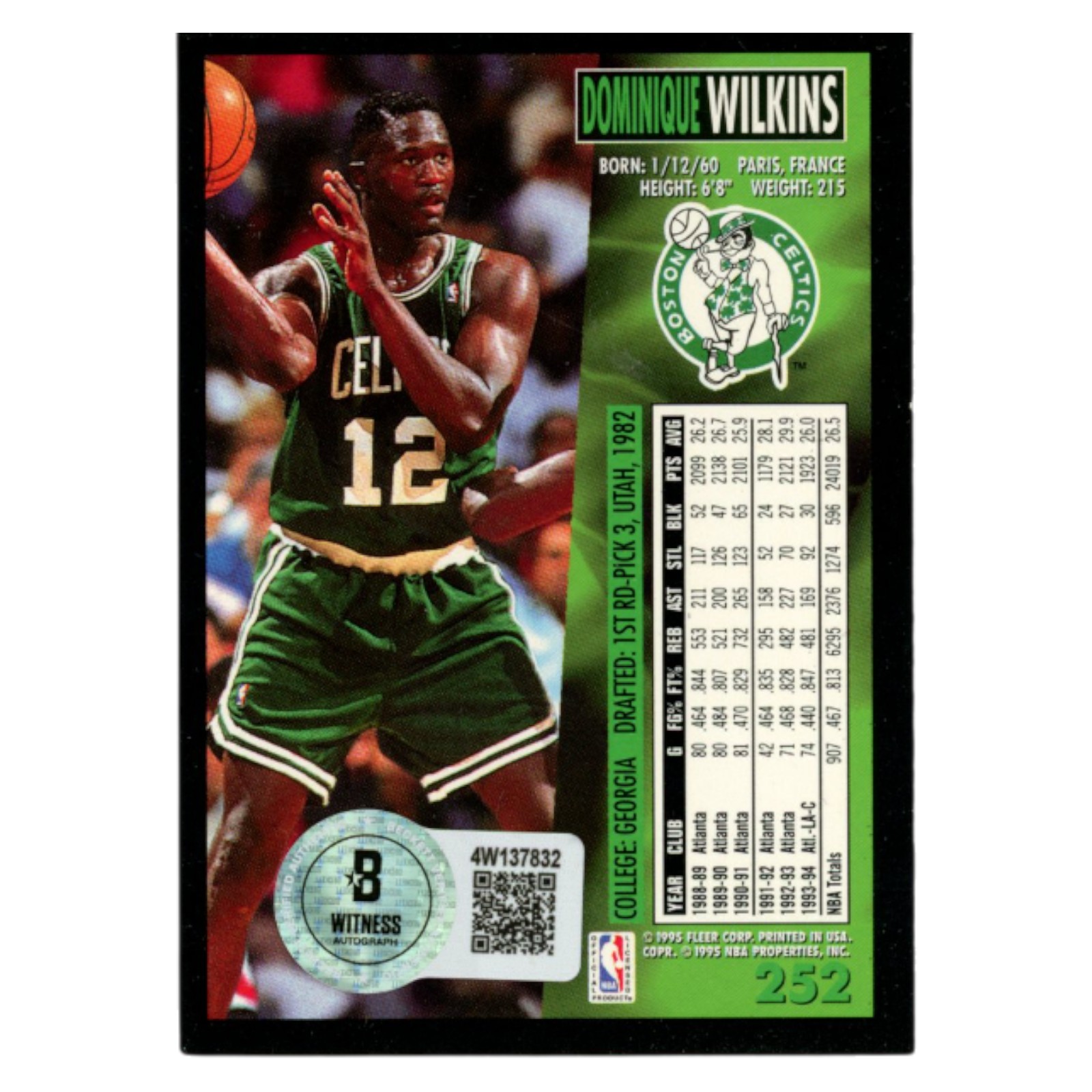 Dominique Wilkins Autographed 1995 Fleer #252 Trading Card Beckett 54197