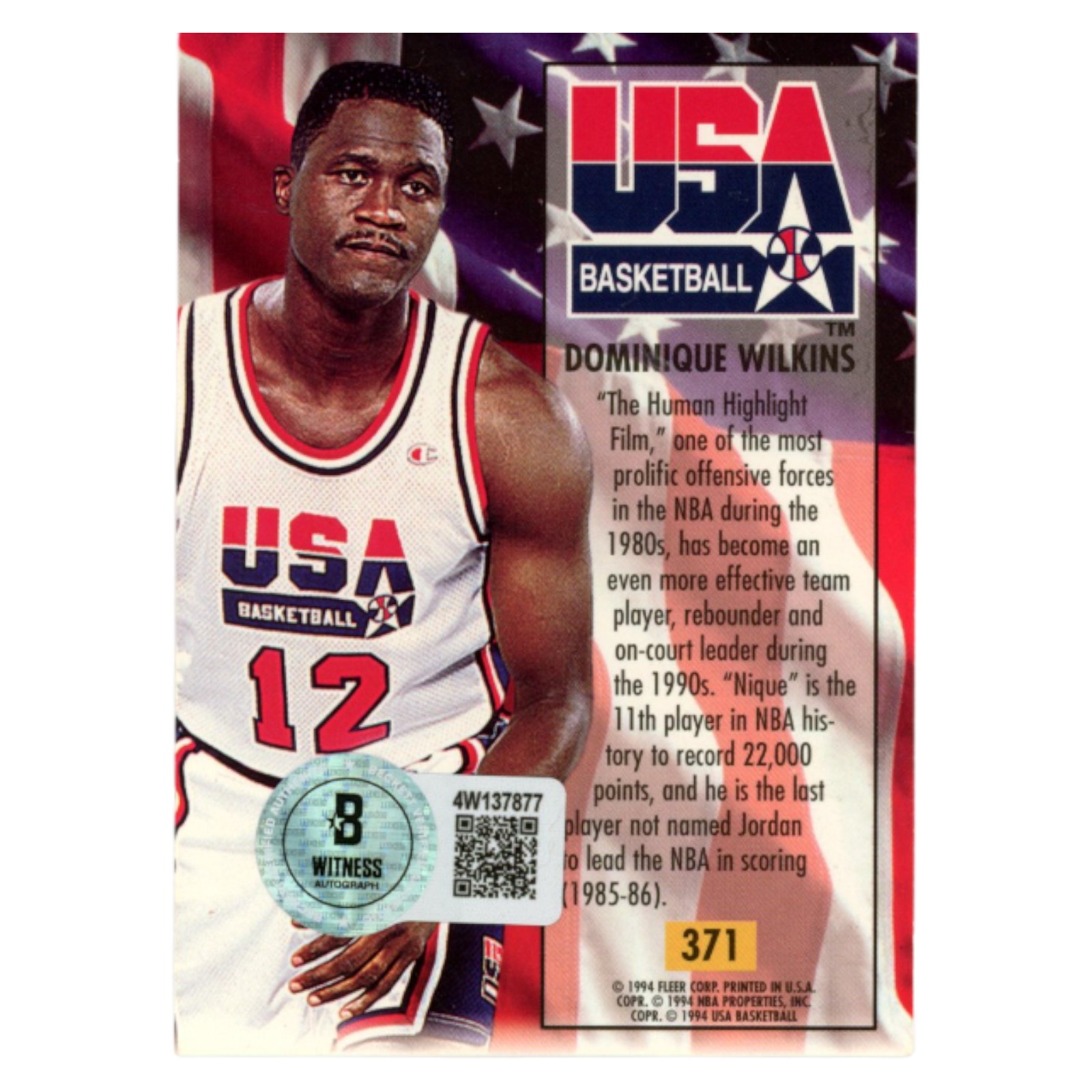 Dominique Wilkins Autographed 1995 Fleer #371 SMEAR Trading Card Beckett 54207