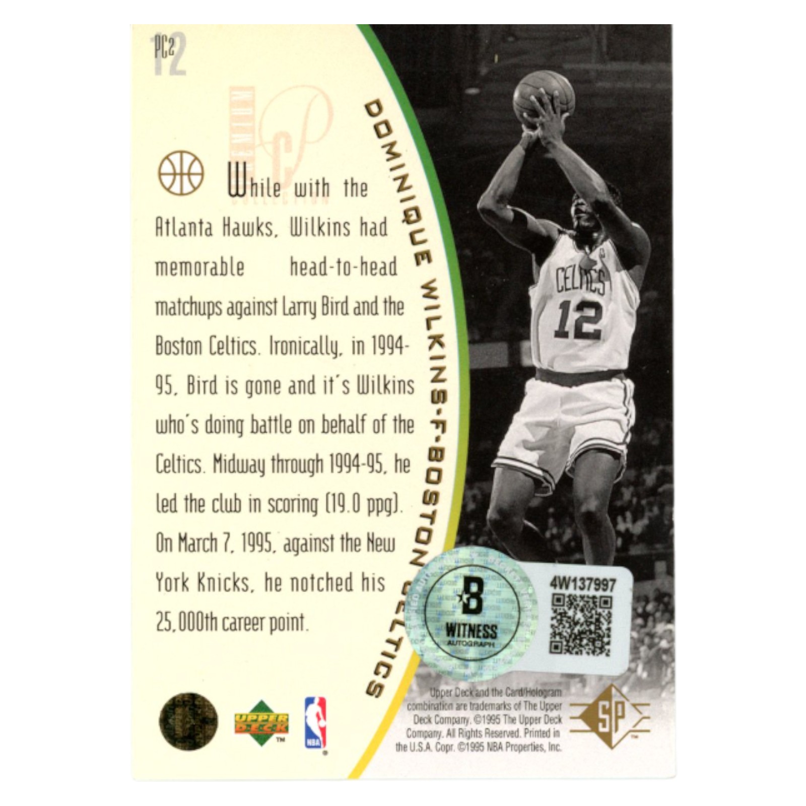 Dominique Wilkins Autographed 1995 Upper Deck #PC2 Trading Card Beckett 54184