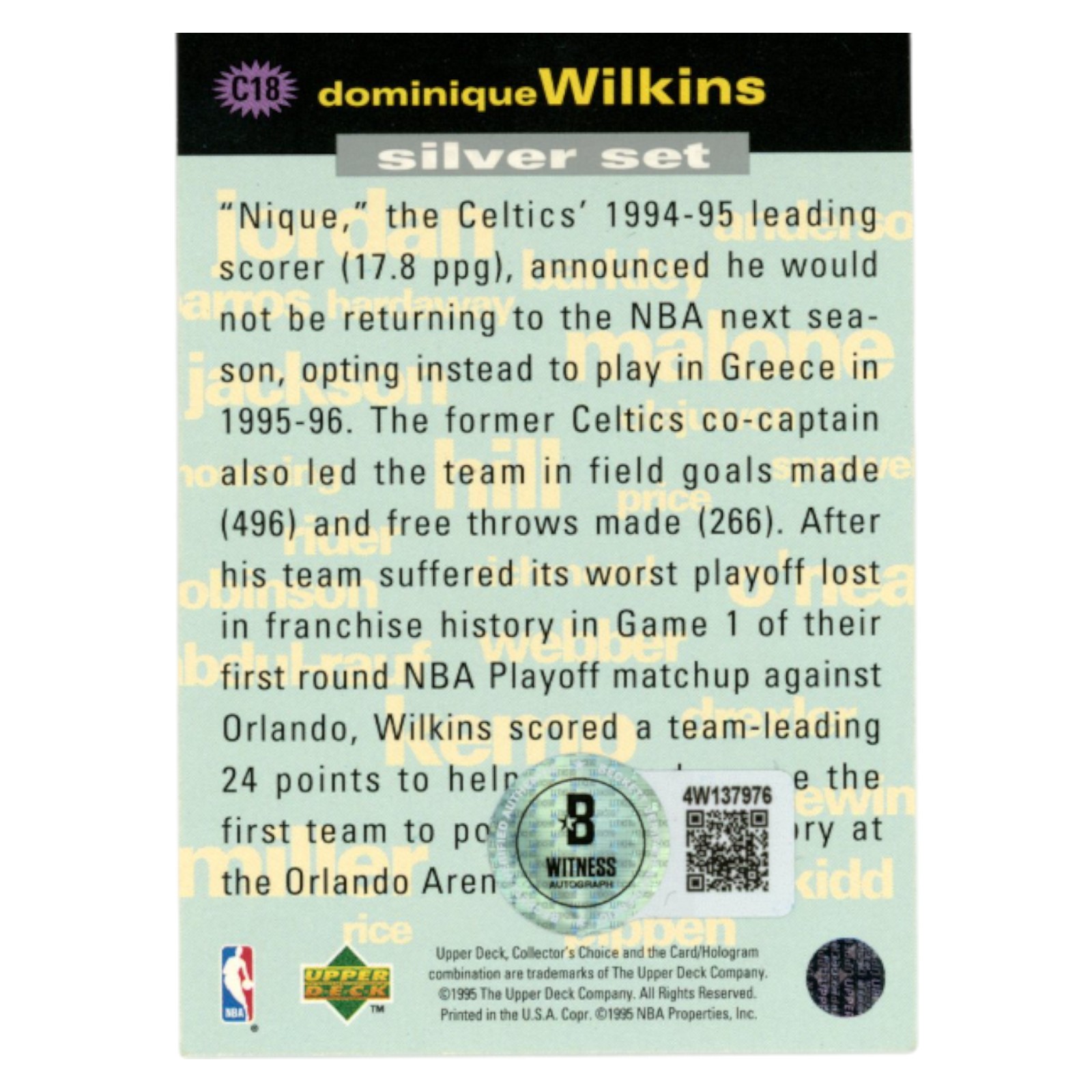 Dominique Wilkins Autographed 1995 Upper Deck #C18 Trading Card Beckett 54185