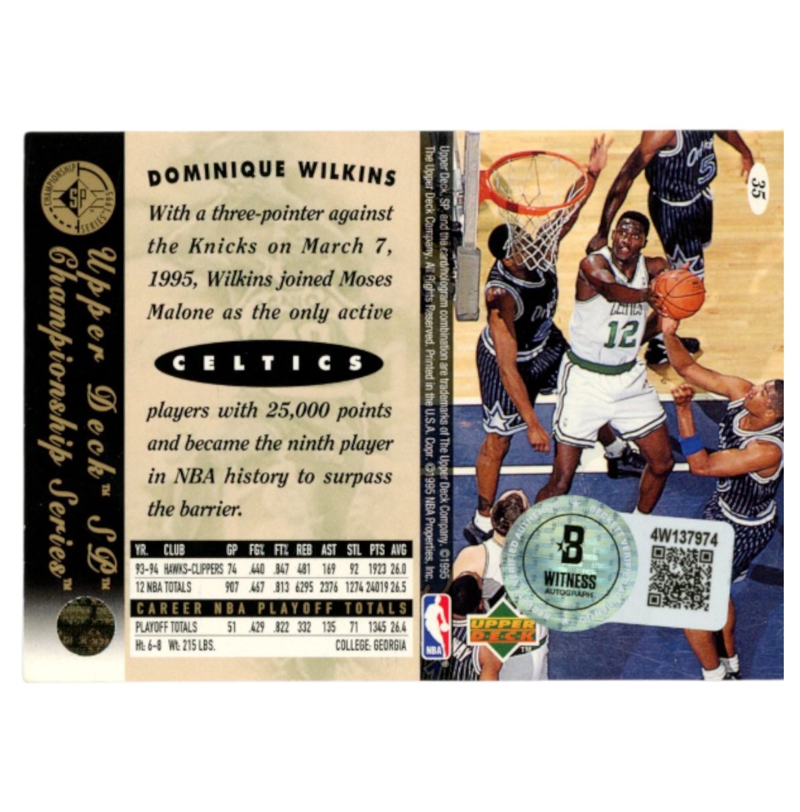 Dominique Wilkins Autographed 1995 Upper Deck #35 Trading Card Beckett 54186