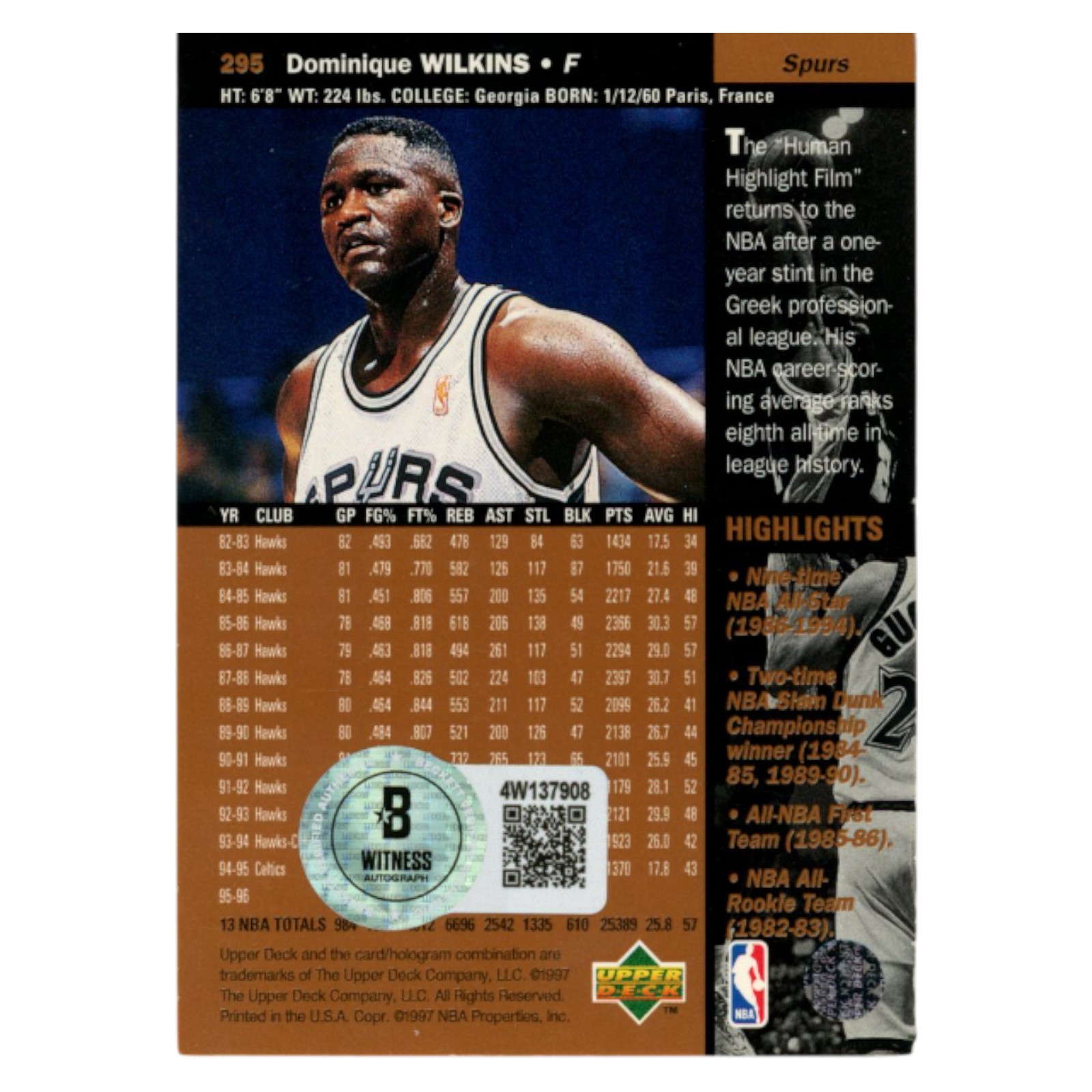 Dominique Wilkins Autographed 1997 Upper Deck #295 Trading Card Beckett 54181
