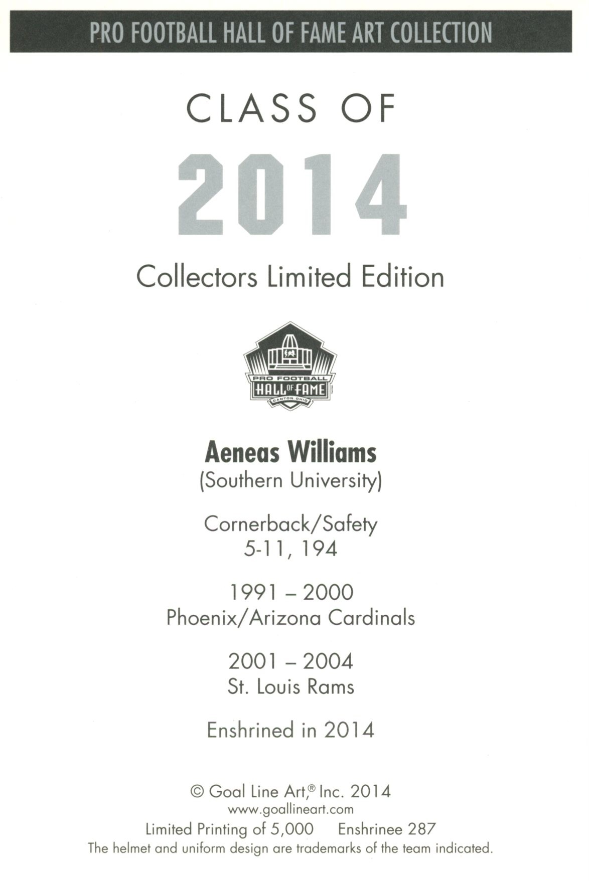 Aeneas Williams Arizona Cardinals Goal Line Art Card Class of 2014 58170 2 Aeneas Williams Arizona Cardinals Goal Line Art Card Class of 2014 58170