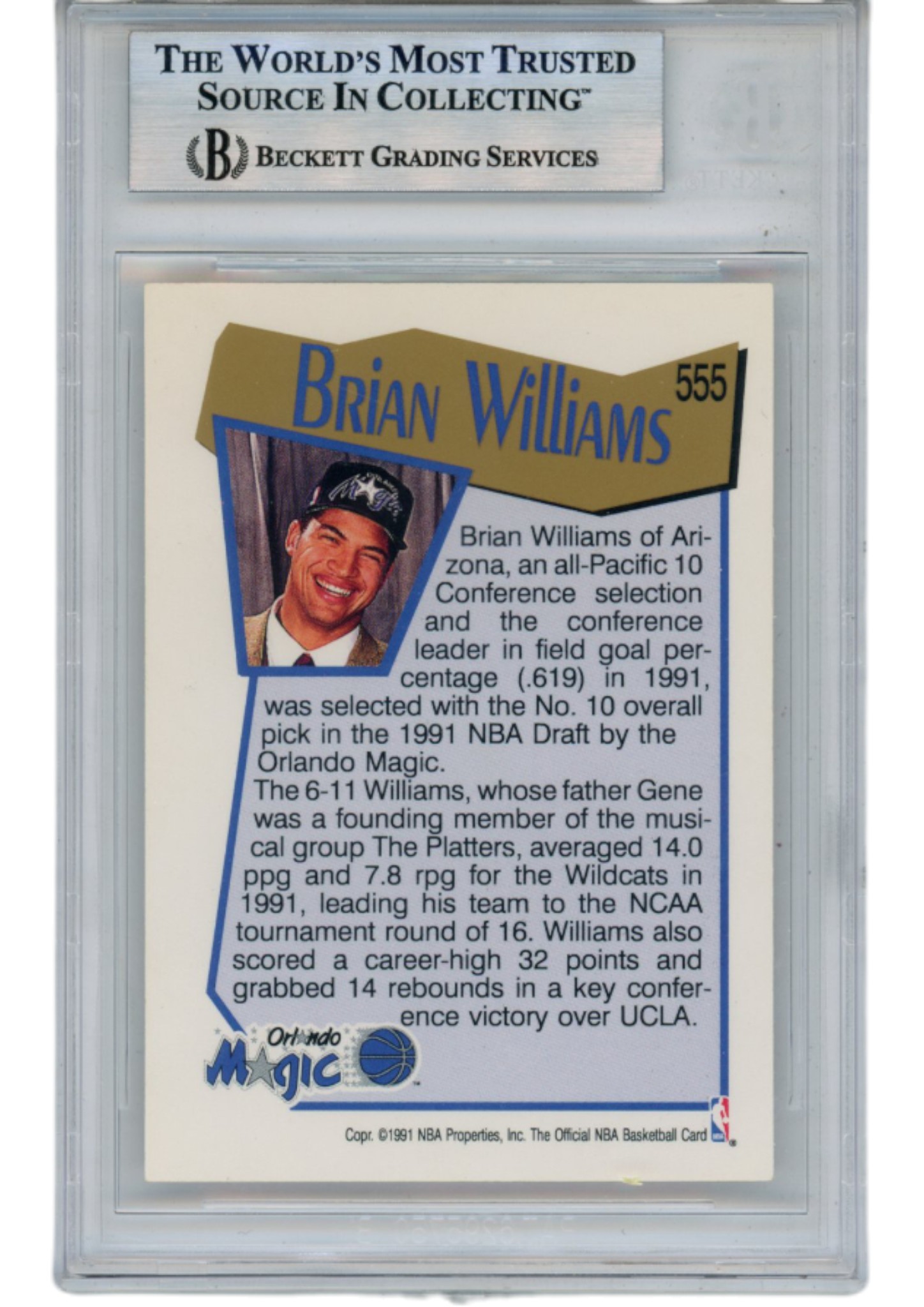 Brian Williams Autographed 91-92 Hoops #555 Slabbed Trading Card Beckett 52721