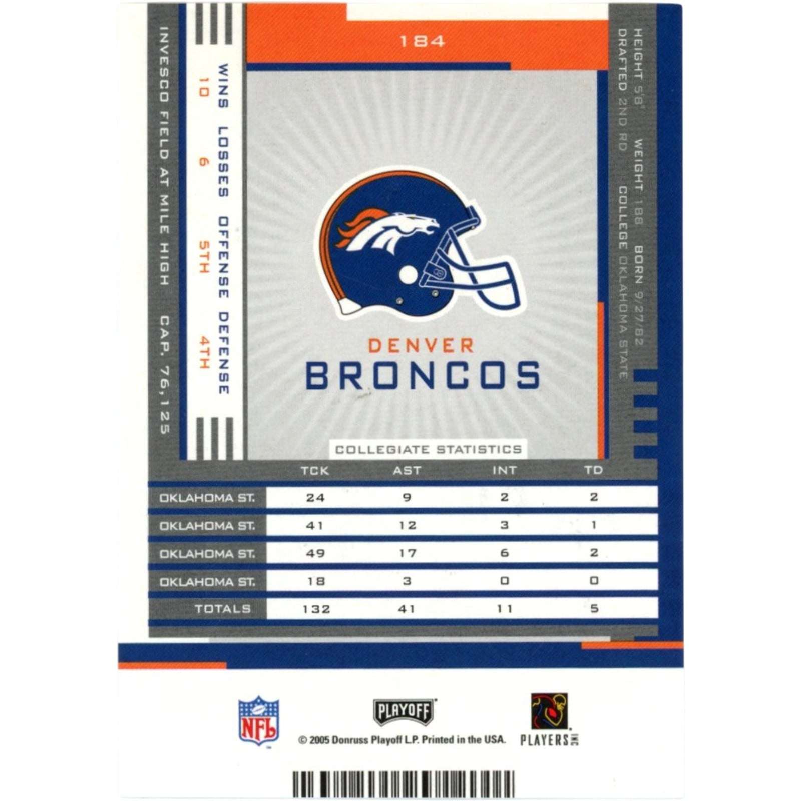 Darrent Williams Signed Denver Broncos Trading Card Donruss Playoff #184 58701 2 Darrent Williams Signed Denver Broncos Trading Card Donruss Playoff #184 58701