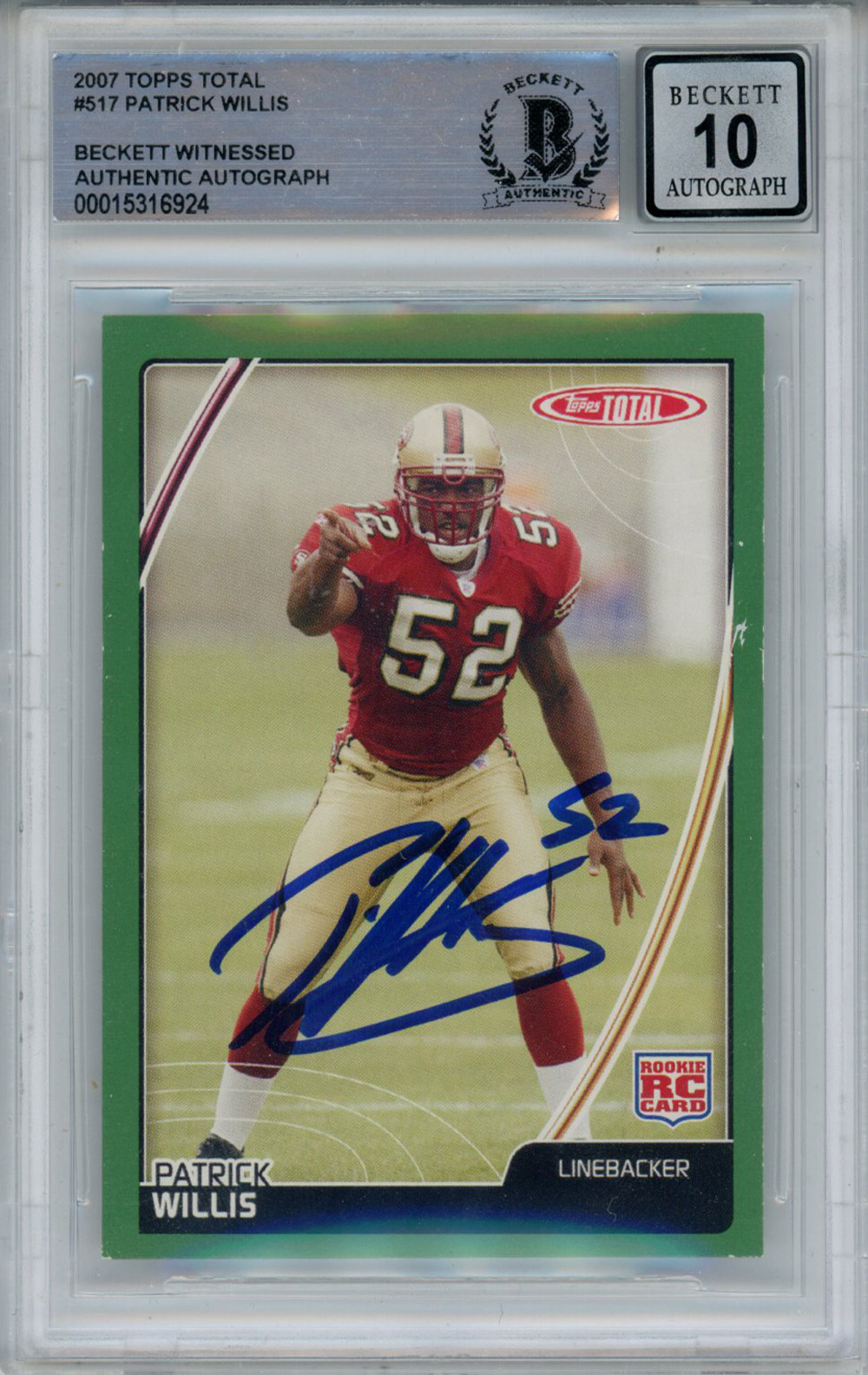 Patrick Willis Signed 2007 Topps Total #517 Rookie Card Beckett 10 Slab