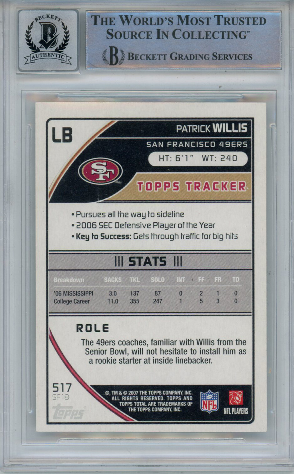 Patrick Willis Signed 2007 Topps Total #517 Rookie Card Beckett 10 Slab