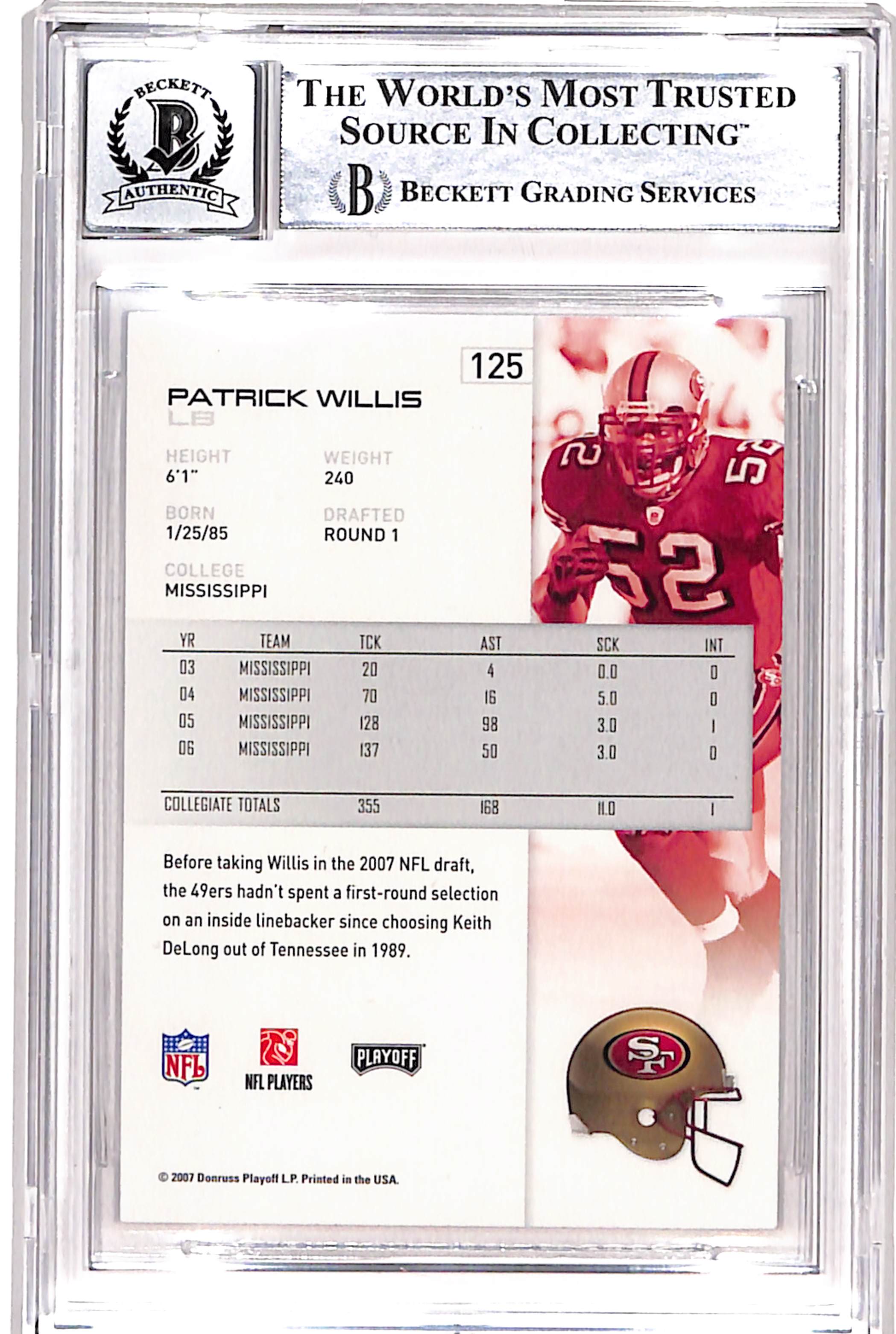 Patrick Willis Signed 2007 Playoff #125 Card Grade 10 Auto Beckett