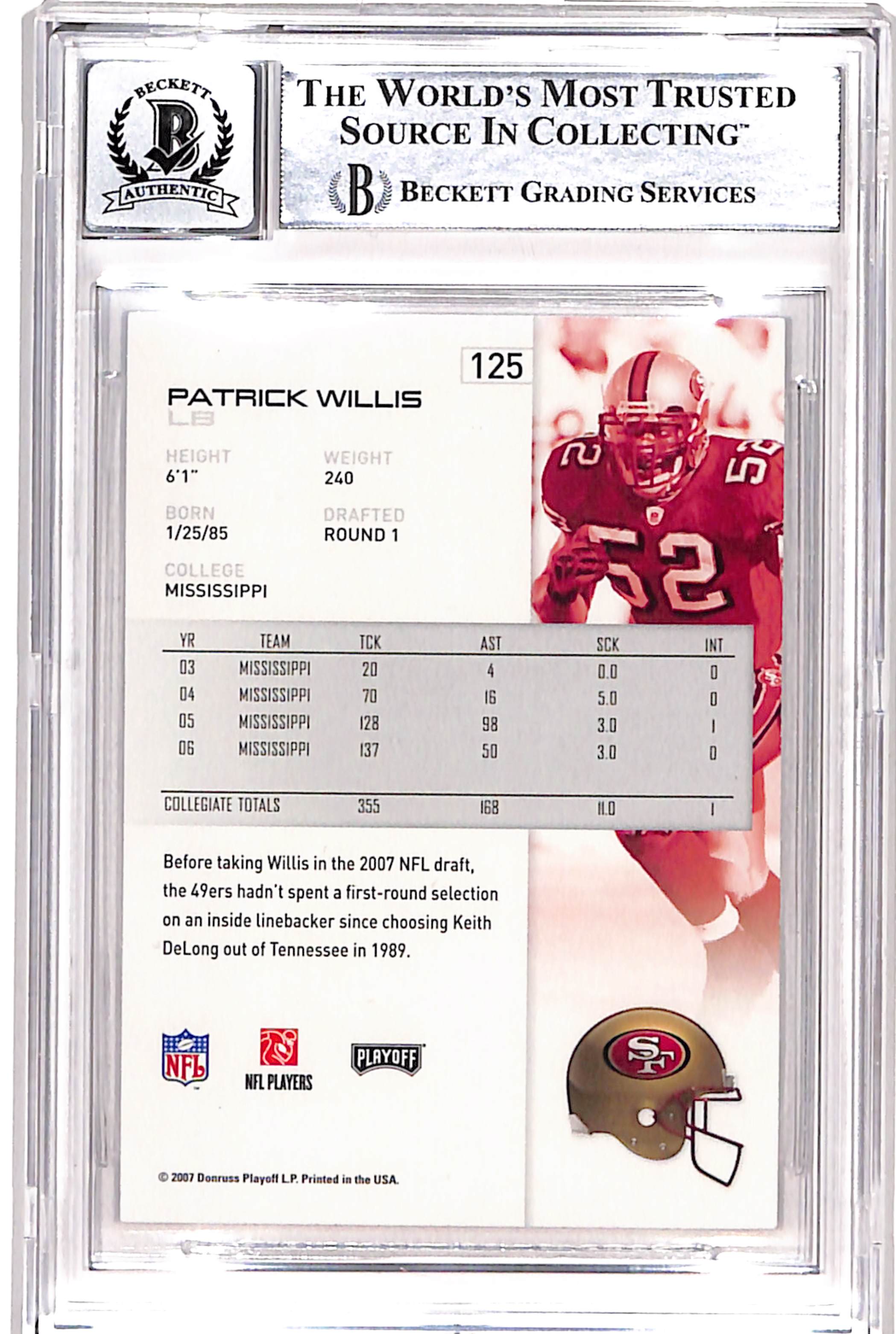 Patrick Willis Signed 2007 Playoff #125 Card Grade 10 Auto Beckett