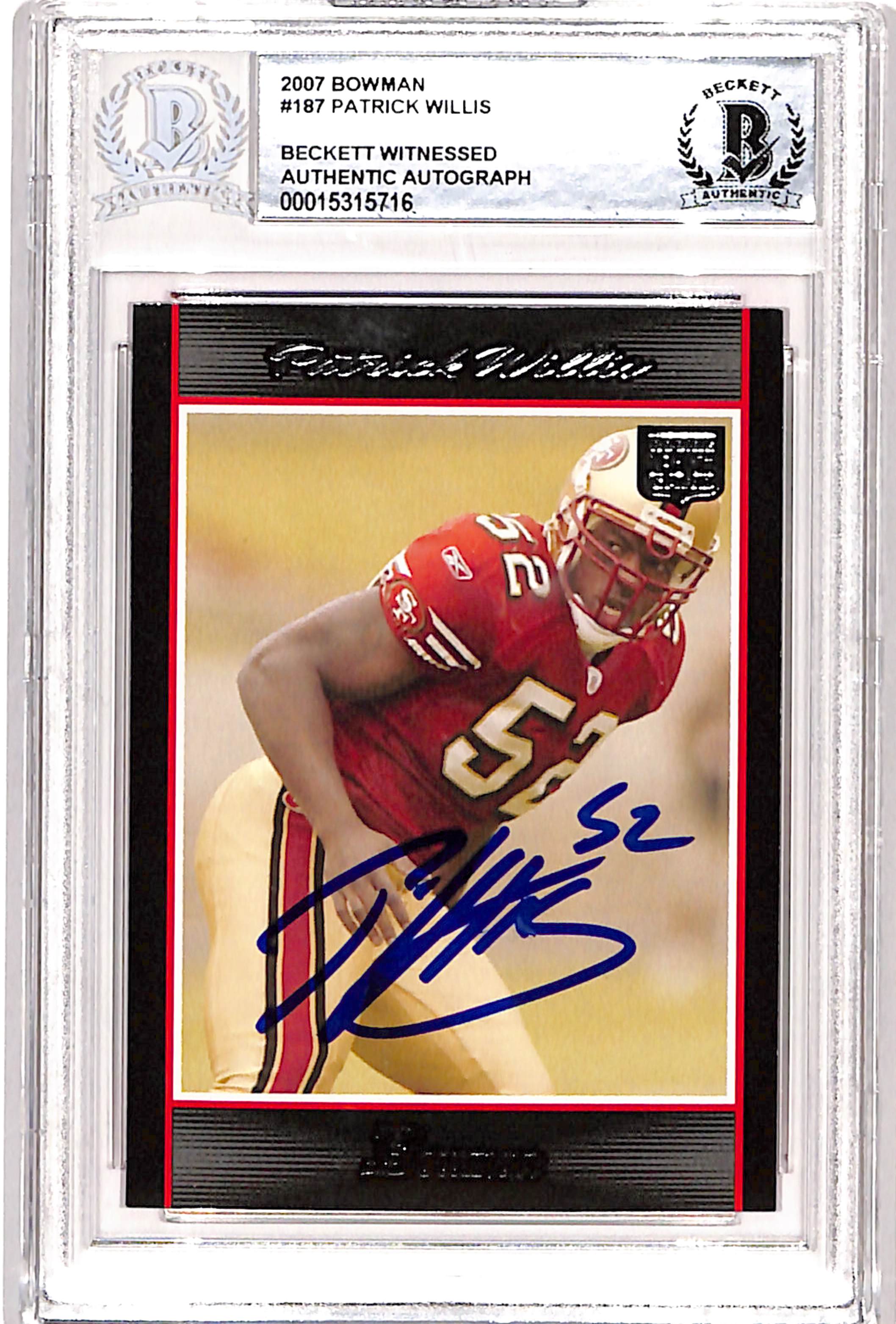 Patrick Willis Autographed/Signed 2007 Bowman #187 Card Beckett 