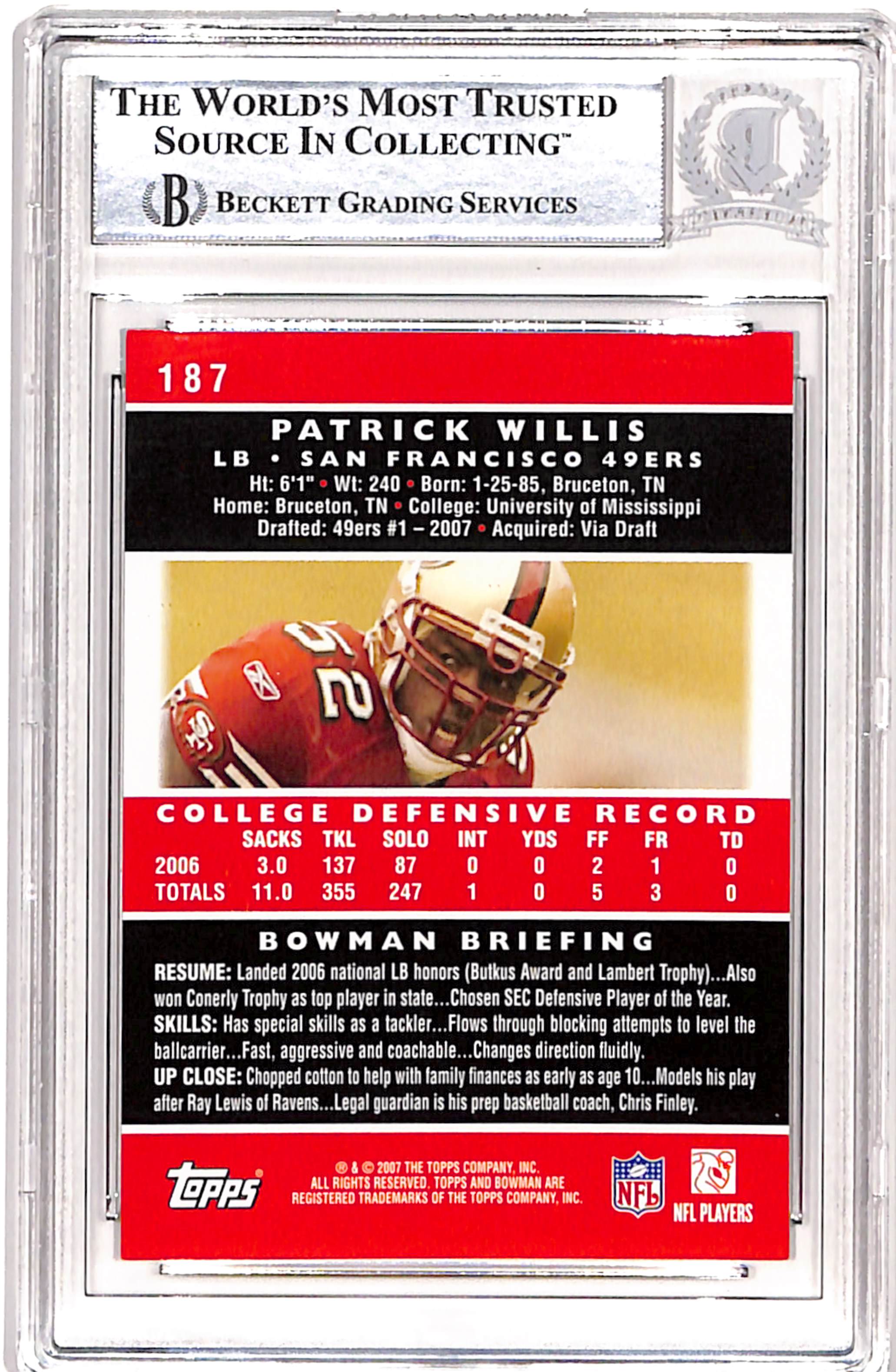 Patrick Willis Autographed/Signed 2007 Bowman #187 Card Beckett