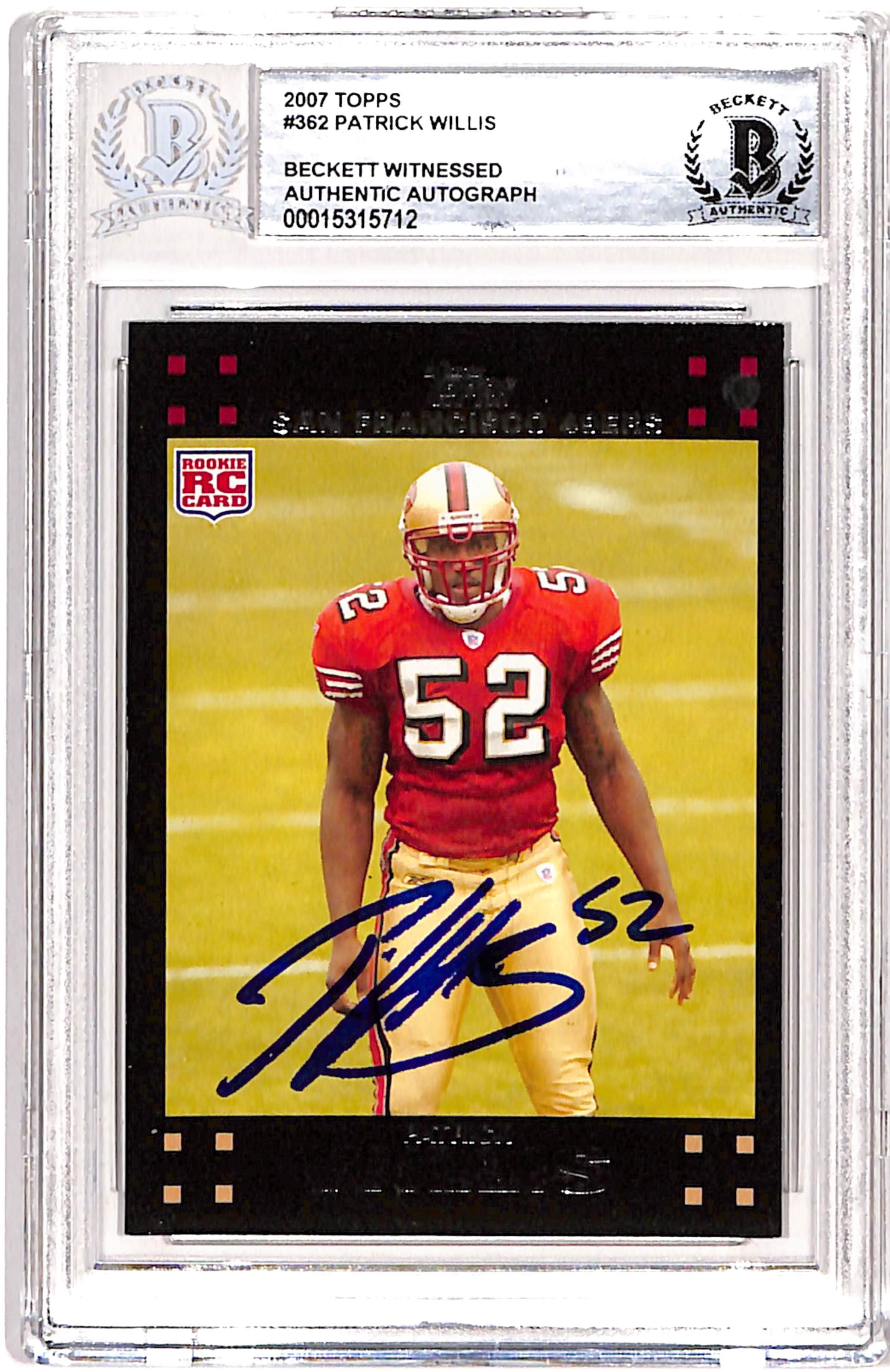 Patrick Willis Autographed/Signed 2007 Topps #362 Card Beckett