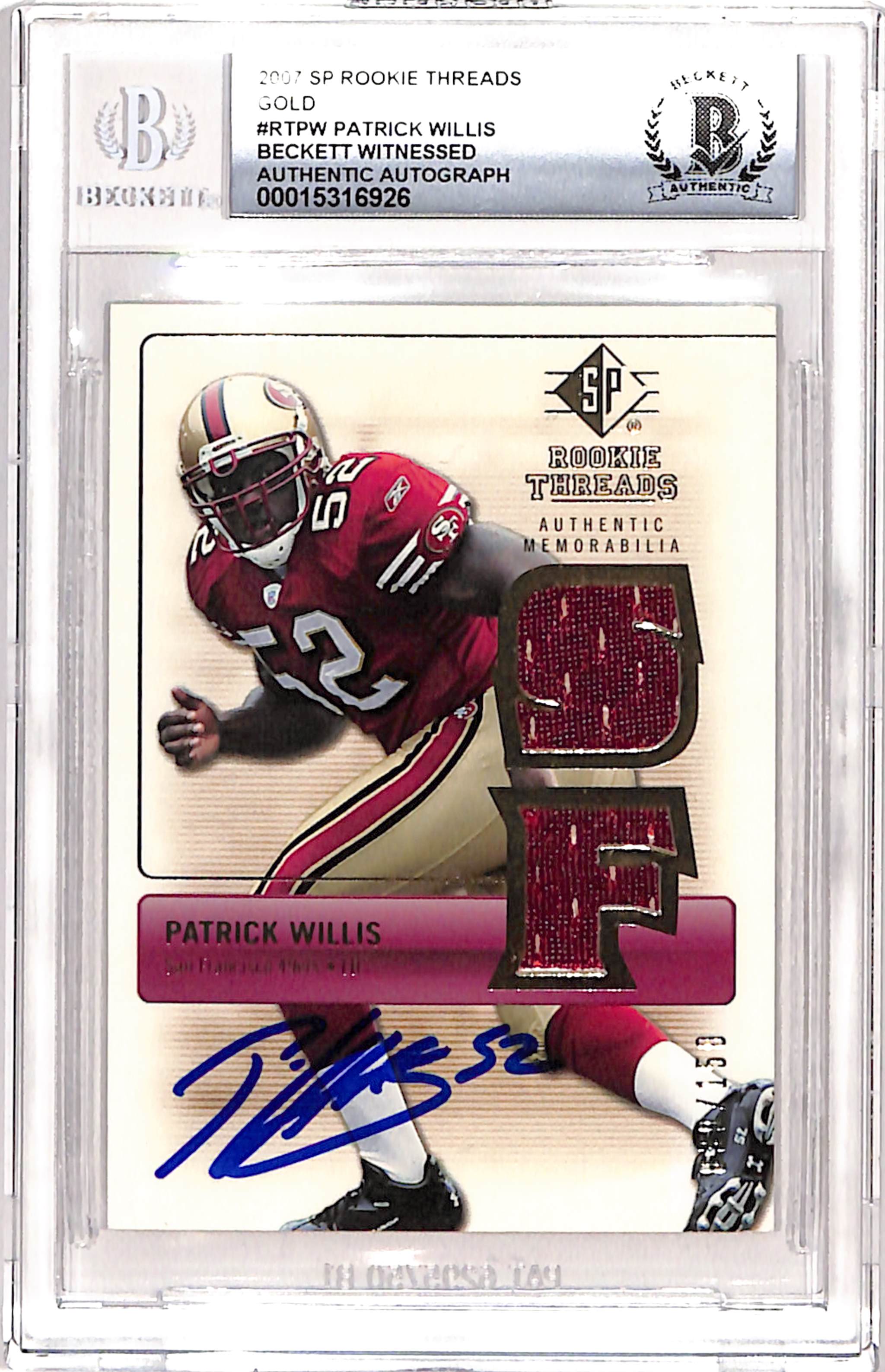 Patrick Willis Signed 2007 SP Threads Gold Patch Card 10 Auto BAS