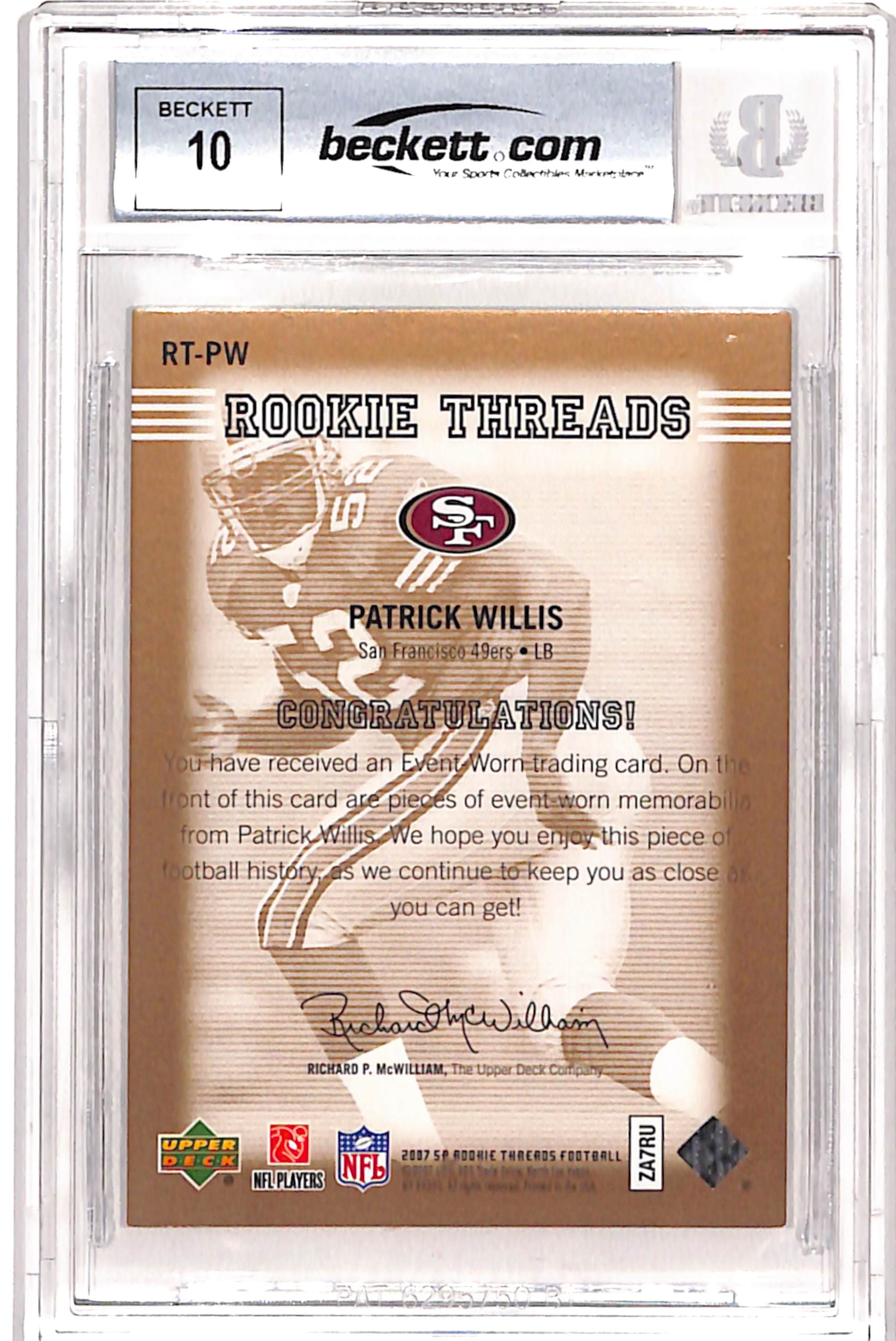 Patrick Willis Signed 2007 SP Threads Gold Patch Card 10 Auto BAS