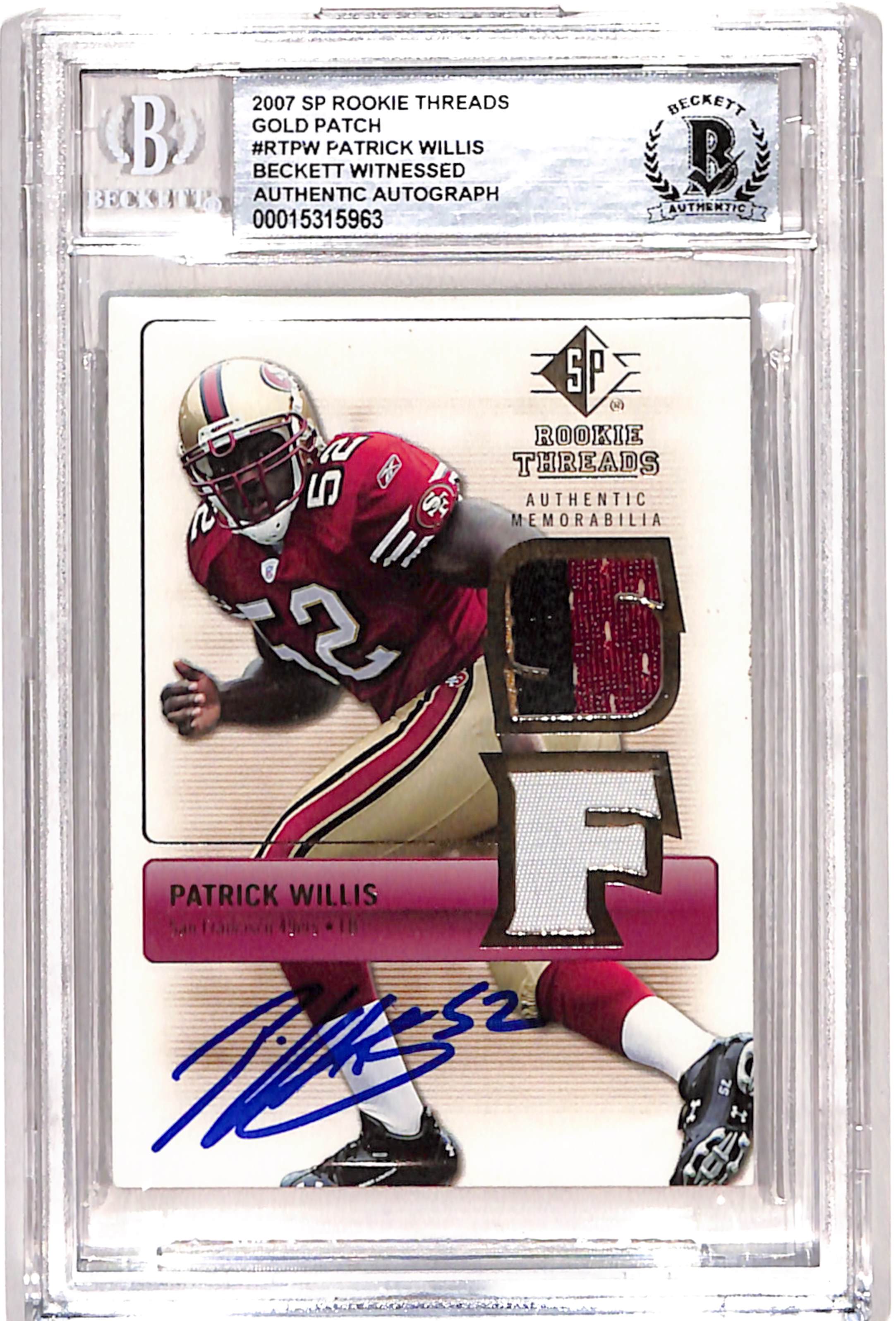 Patrick Willis Signed 2007 SP Threads Gold Patch Card Beckett