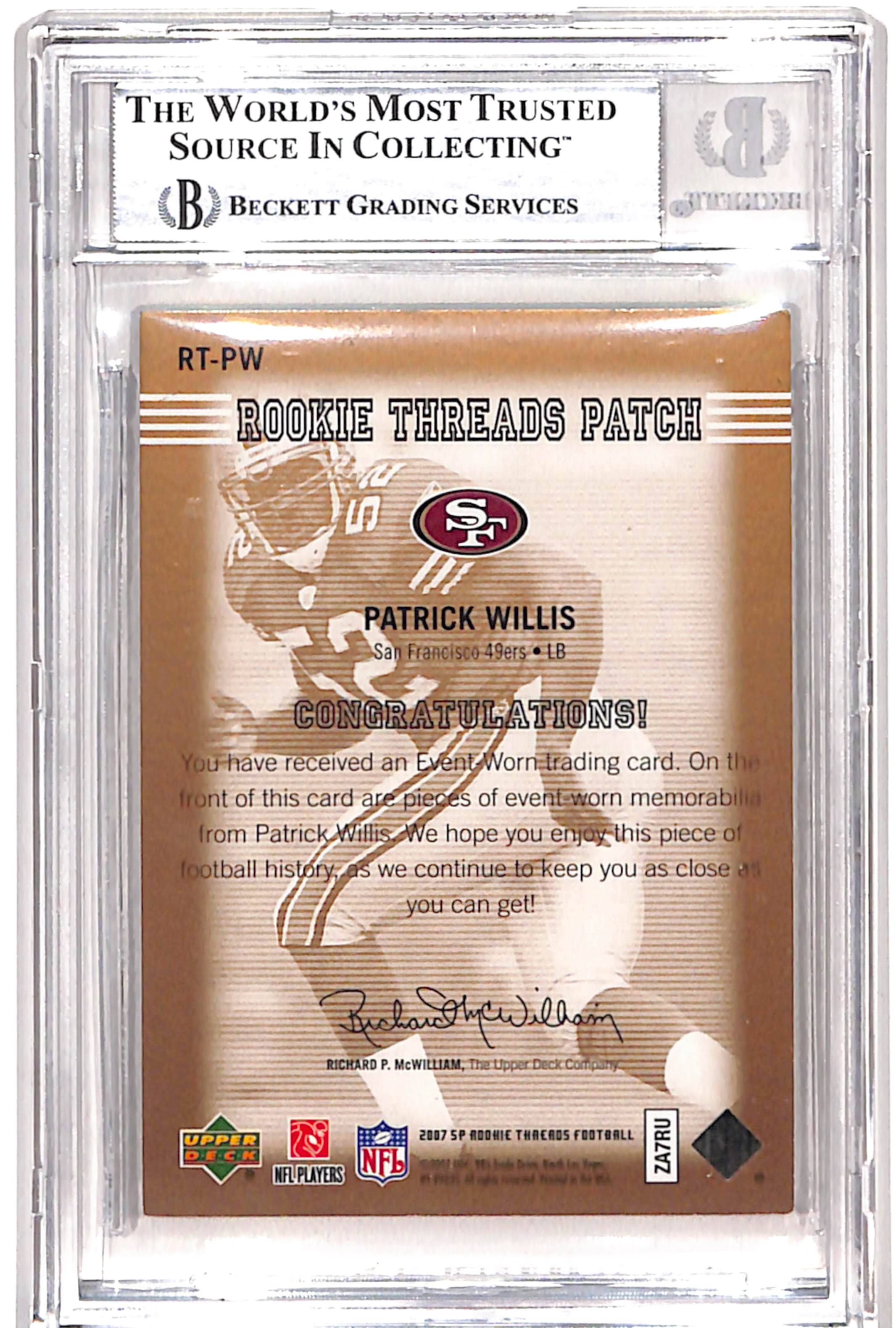 Patrick Willis Signed 2007 SP Threads Gold Patch Card Beckett