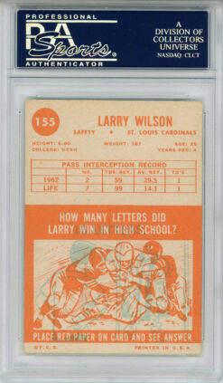 Larry Wilson Autographed 1963 Topps #155 Trading Card HOF PSA Slab