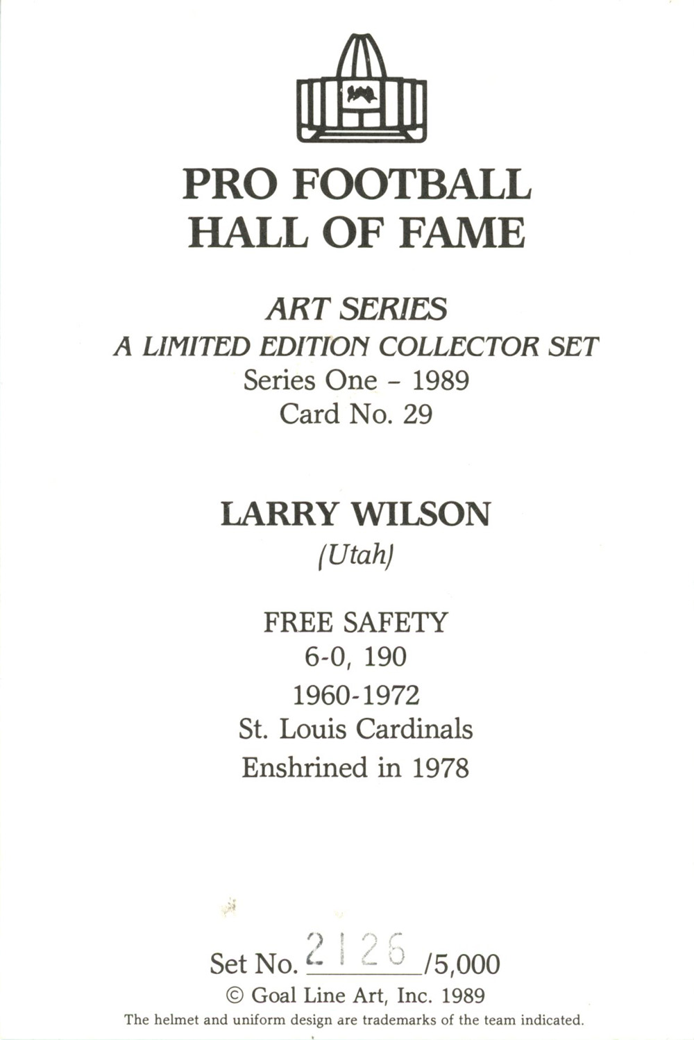 Larry Wilson Unsigned 1989 Series One Goal Line Art St Louis Cardinals