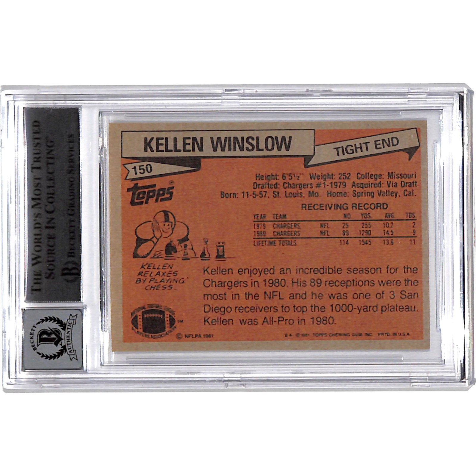 Kellen Winslow Signed 1981 Topps #150 Trading Card Grade 10 BAS 44542