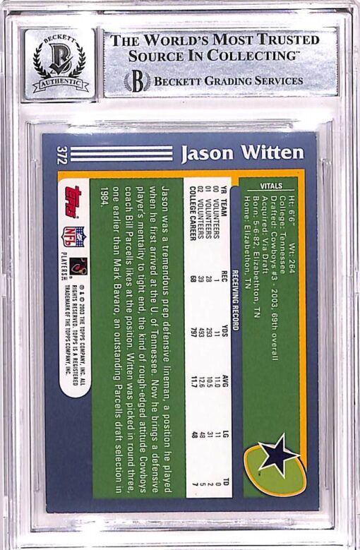 Jason Witten Signed 2003 Topps #372 Trading Card Grade 10 Auto BAS