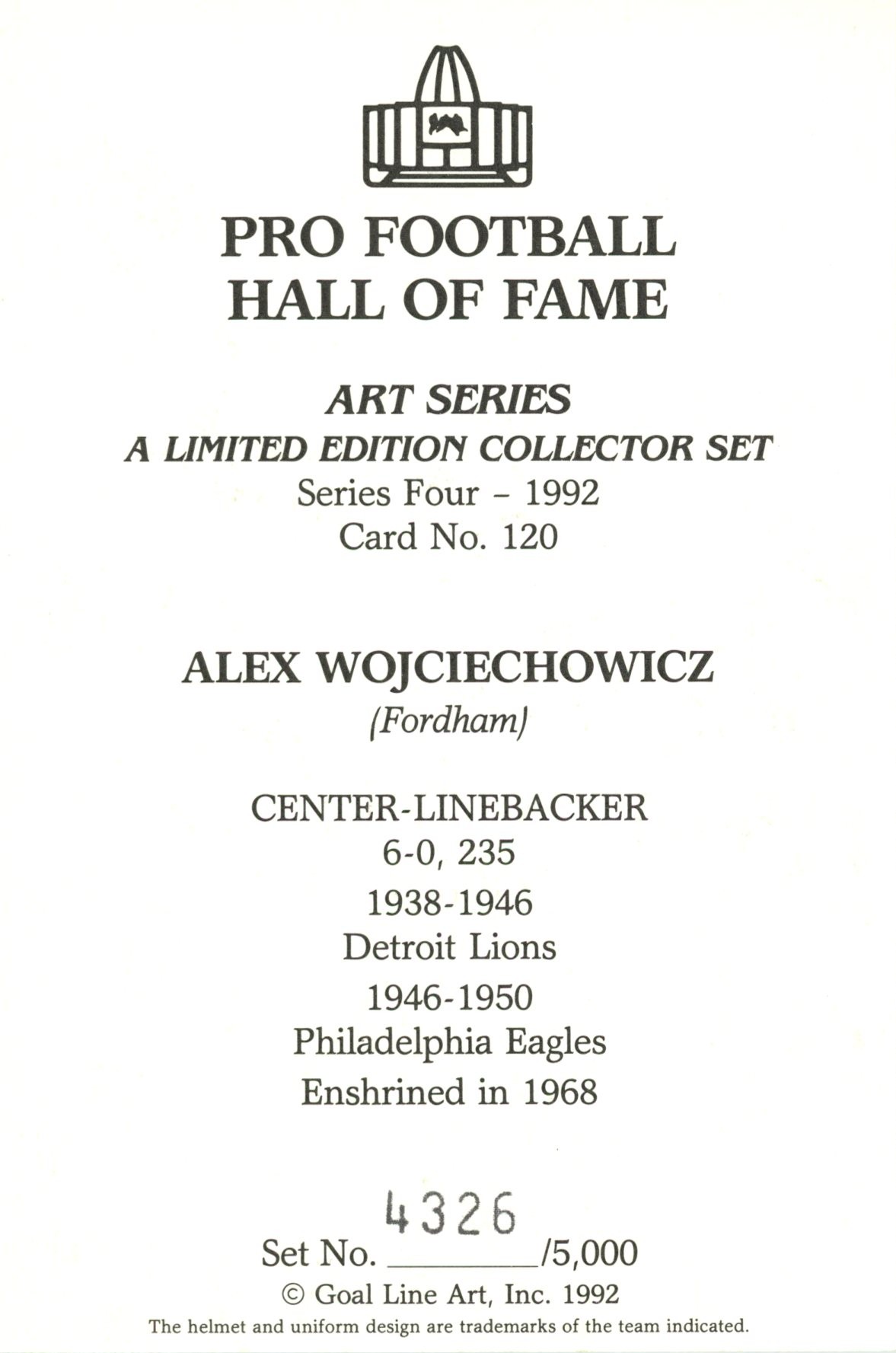 Alex Wojciechowicz Detroit Lions Goal Line Art Card Series 4 #120 LE /5000 58174 2 Alex Wojciechowicz Detroit Lions Goal Line Art Card Series 4 #120 LE /5000 58174