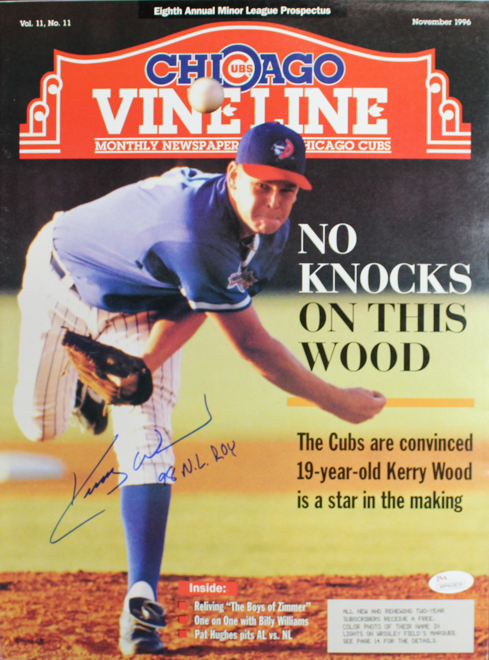 Kerry Wood Autographed/Signed Chicago Cubs 1996 Vineline Magazine JSA 24419  – Denver Autographs