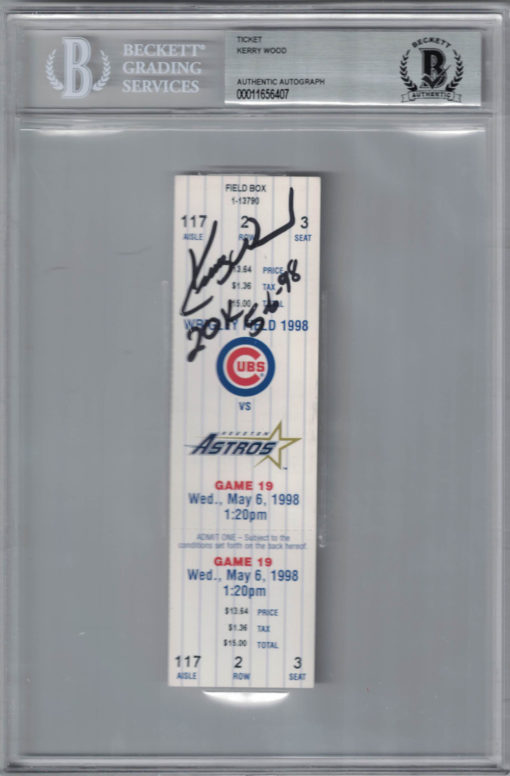 Kerry Wood Autographed/Signed Chicago Cubs Ticket 20K 5/6/98 Bas Slab 25306