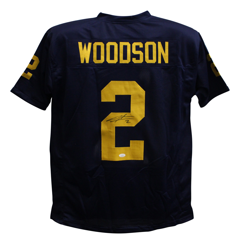 Charles Woodson Autographed/Signed College Style Blue XL Jersey JSA 28140