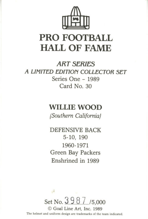 Willie Wood Unsigned 1989 Series One Goal Line Art Card Green Bay Packers