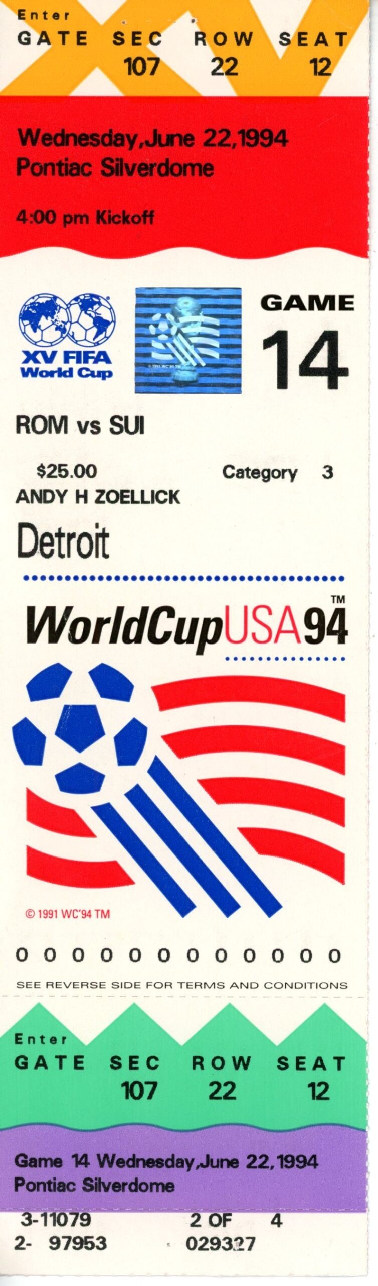 World Cup 1994 Switzerland vs Romania Ticket Game 14 in Detroit, USA 55548