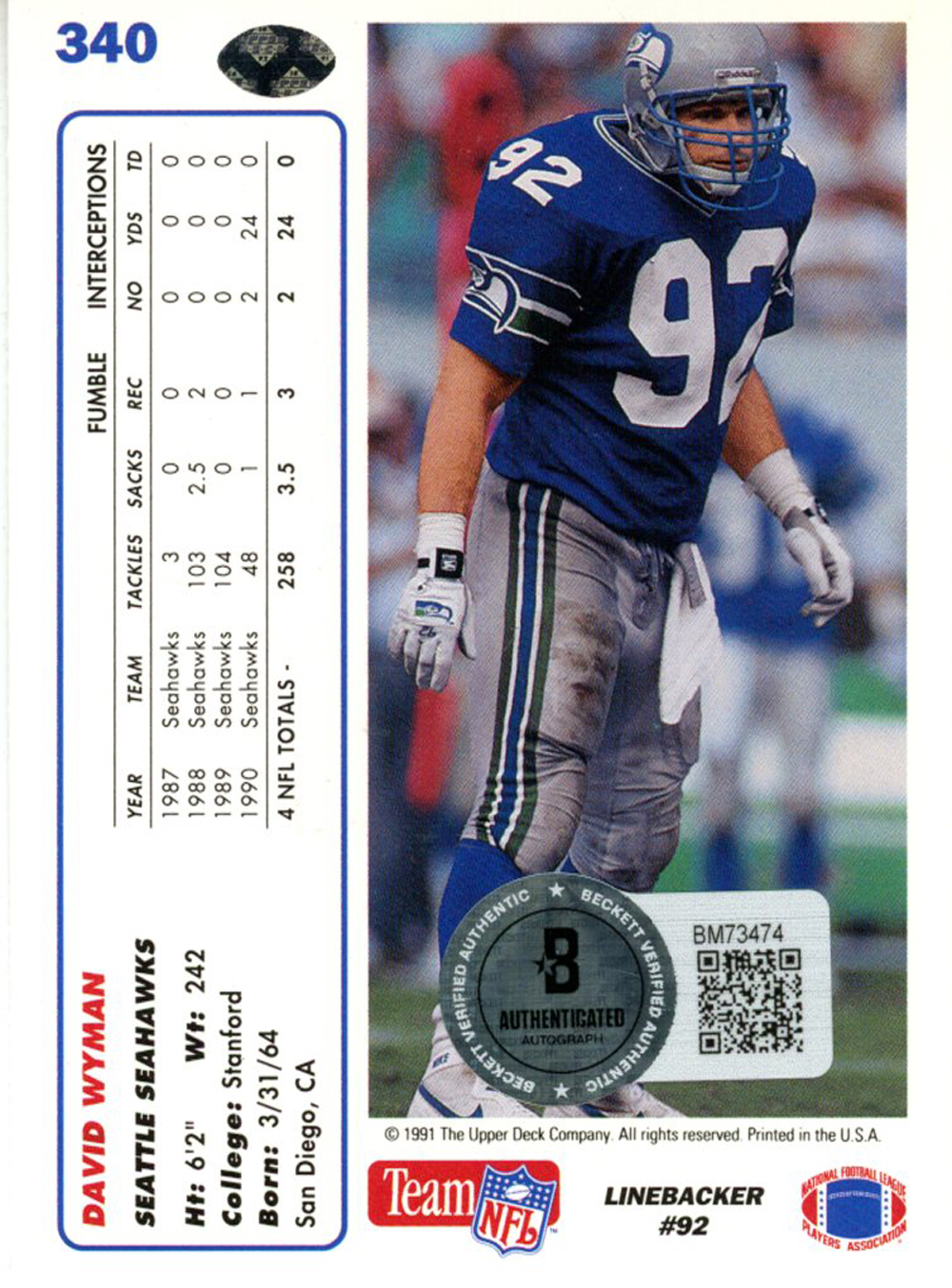 David Wyman Autographed 1991 Upper Deck #340 Trading Card Beckett 44797