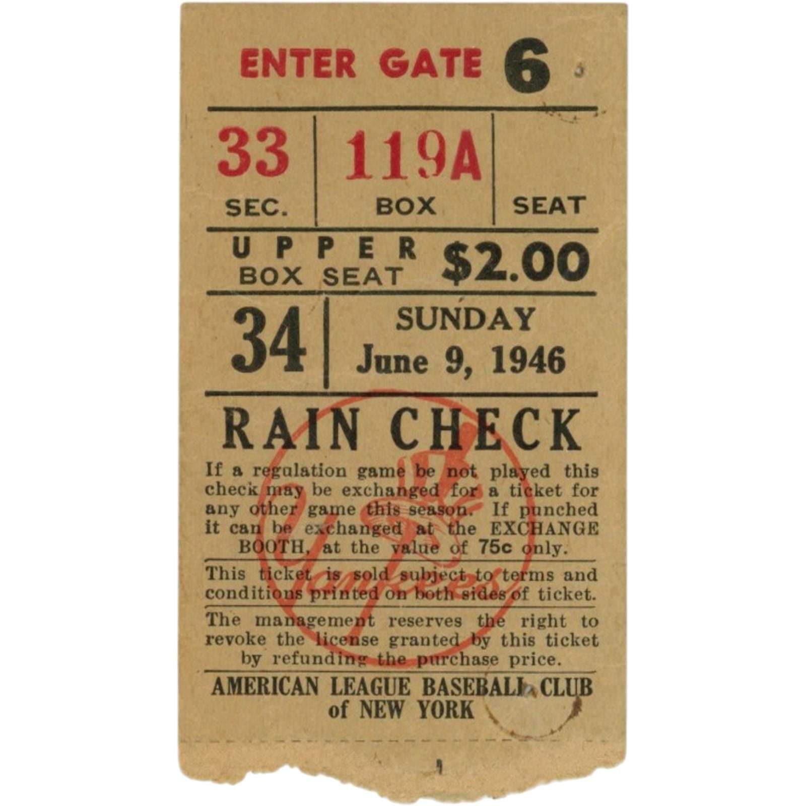 New York Yankees vs Cleveland Guardians Unautographed Ticket Stub 6/9/46 58697